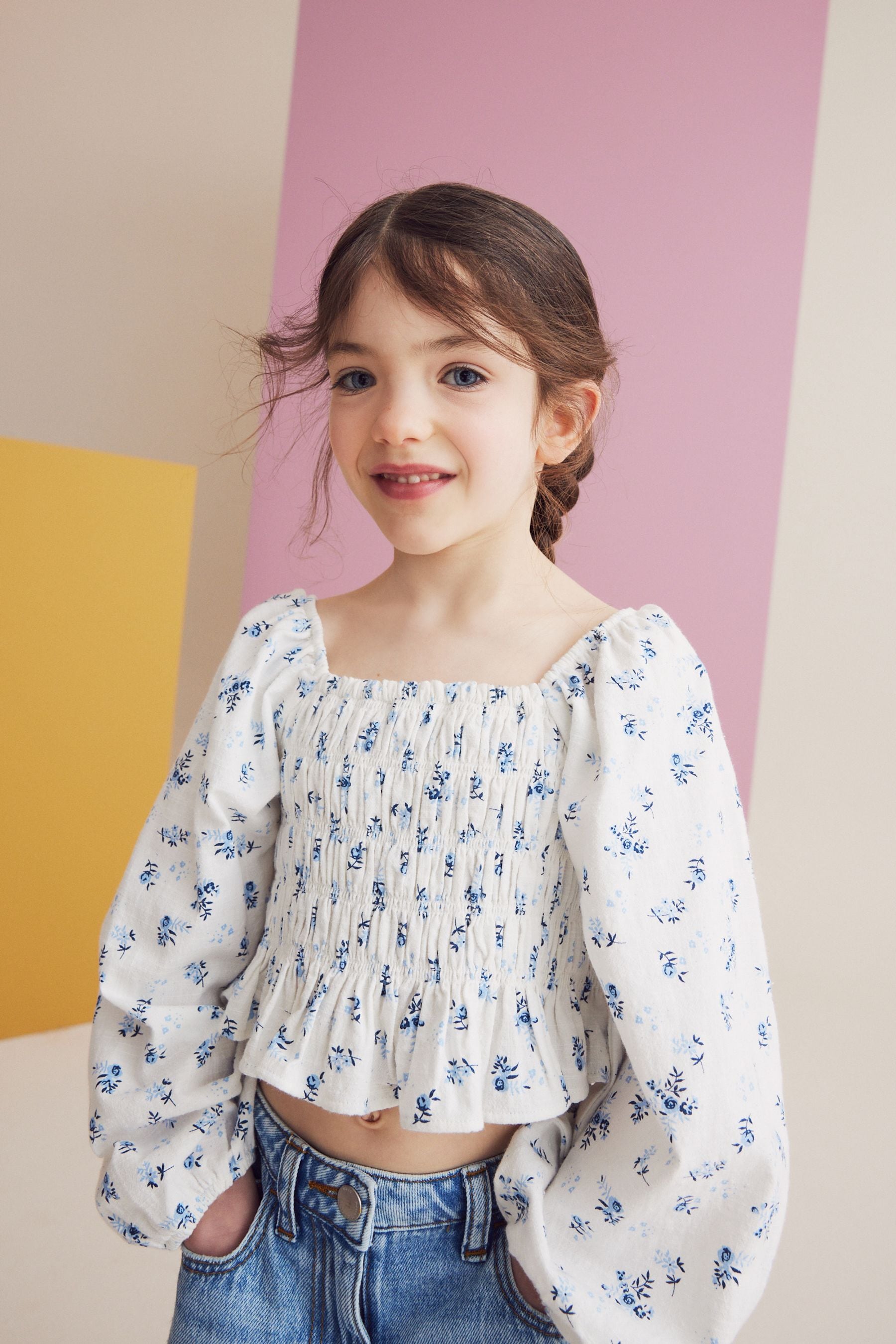 Blue Ditsy Printed Shirred Blouse (3-16yrs)