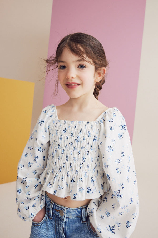 Blue Ditsy Printed Shirred 100% Cotton Blouse (3-16yrs)