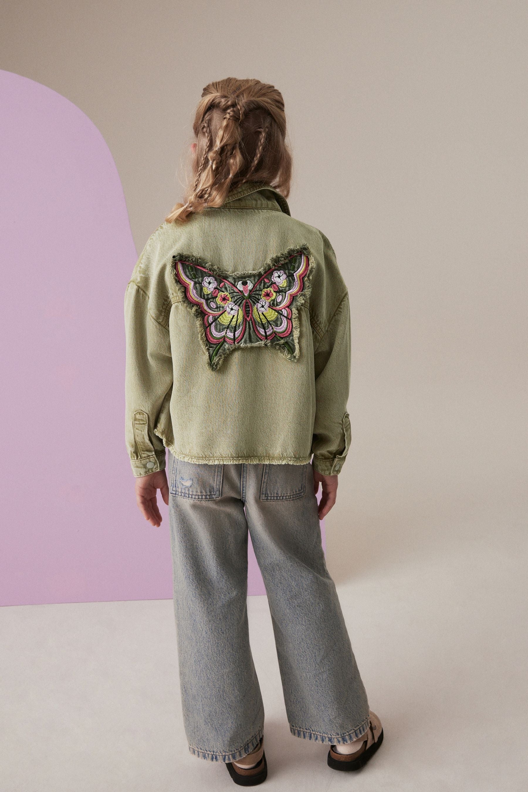 Khaki Green Butterfly Embellished Shacket (3-16yrs)