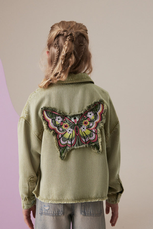 Khaki Green Butterfly Embellished Shacket (3-16yrs)