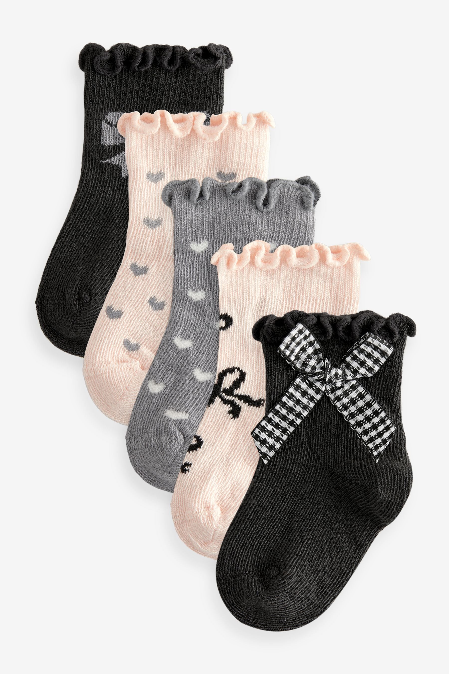 Monochrome Bow Baby Socks 5 Pack (0mths-2yrs)