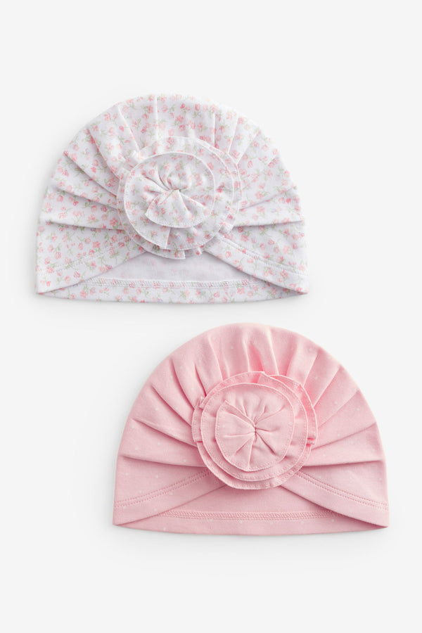 Pink ditsy Baby Bow Turban 100% Cotton Hats 2 Pack (0mths-2yrs)