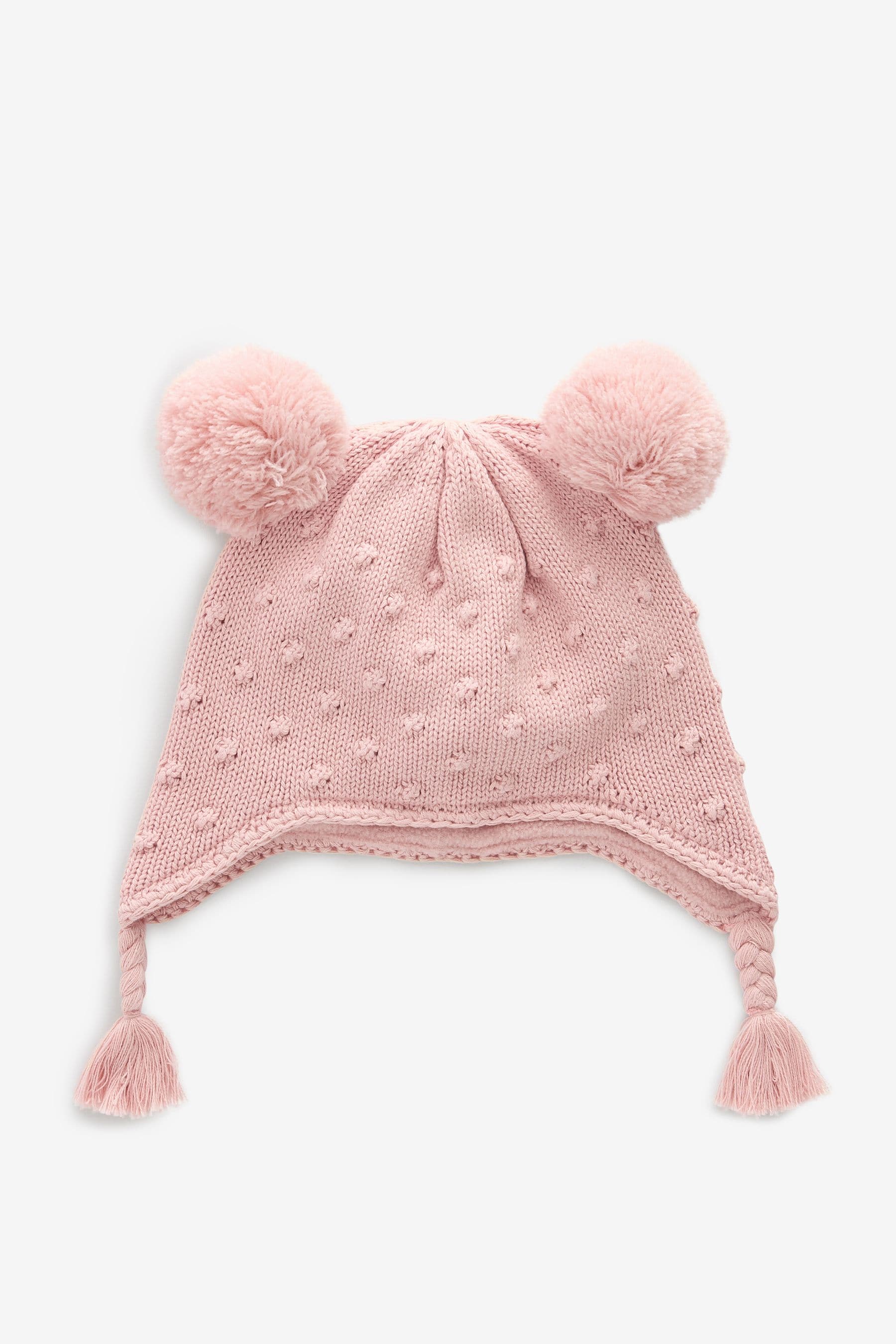 Pink Double Pom Knitted Trapper Hat (0mths-2yrs)