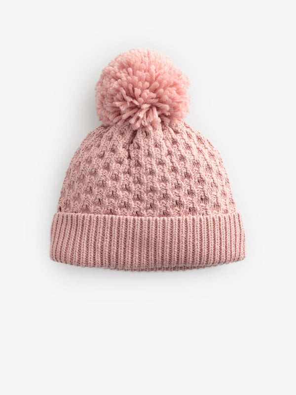 Pink Waffle Knit Baby Pom Hat (0mths-2yrs)