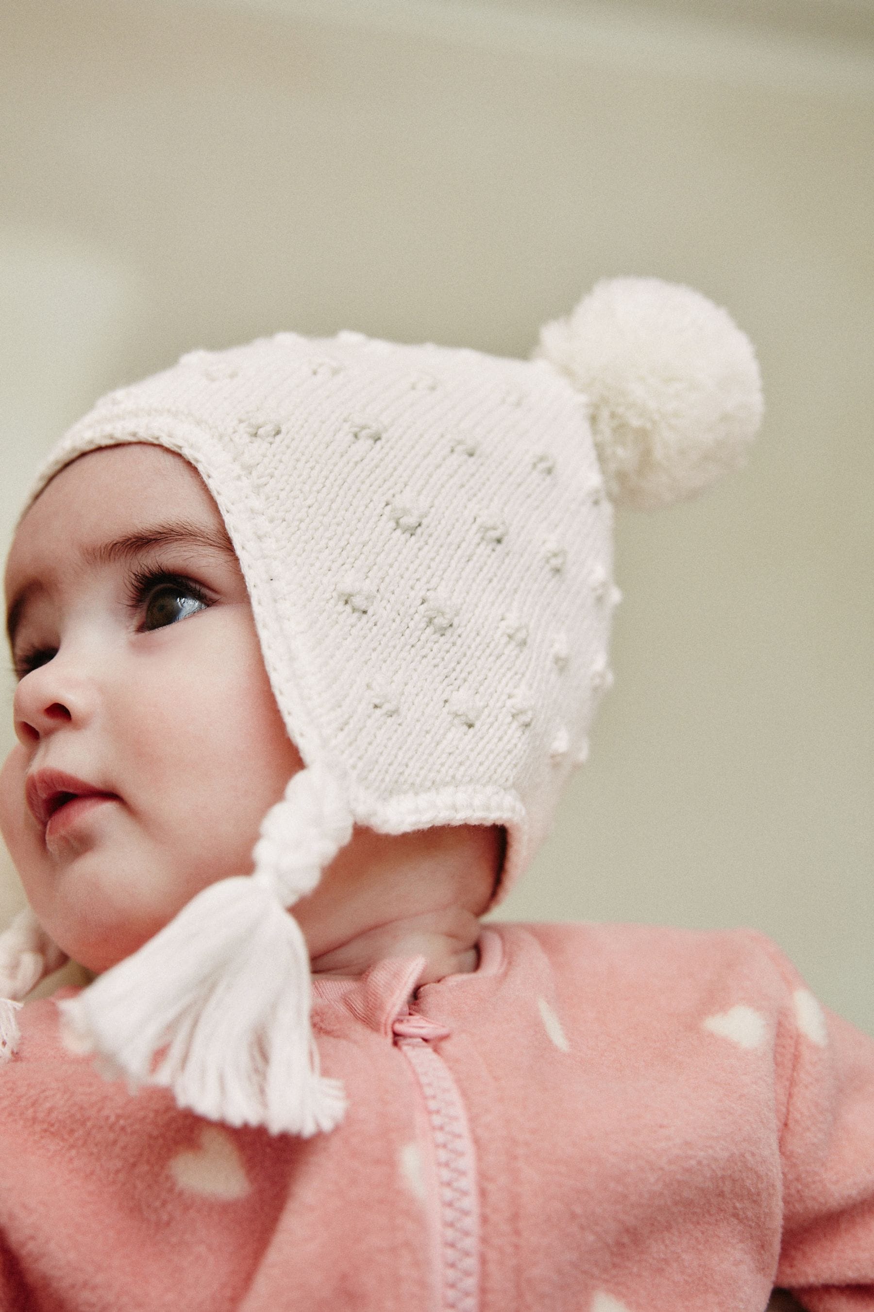 Ecru Double Pom Knitted Trapper Hat (0mths-2yrs)