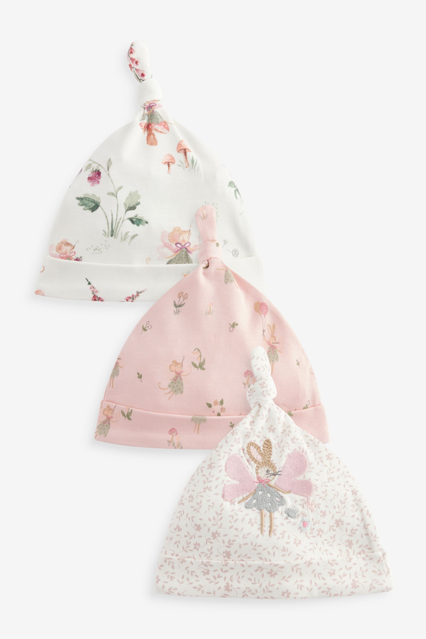 Pink Fairy Baby Tie Top 100% Cotton Hats 3 Pack (0-2yrs)