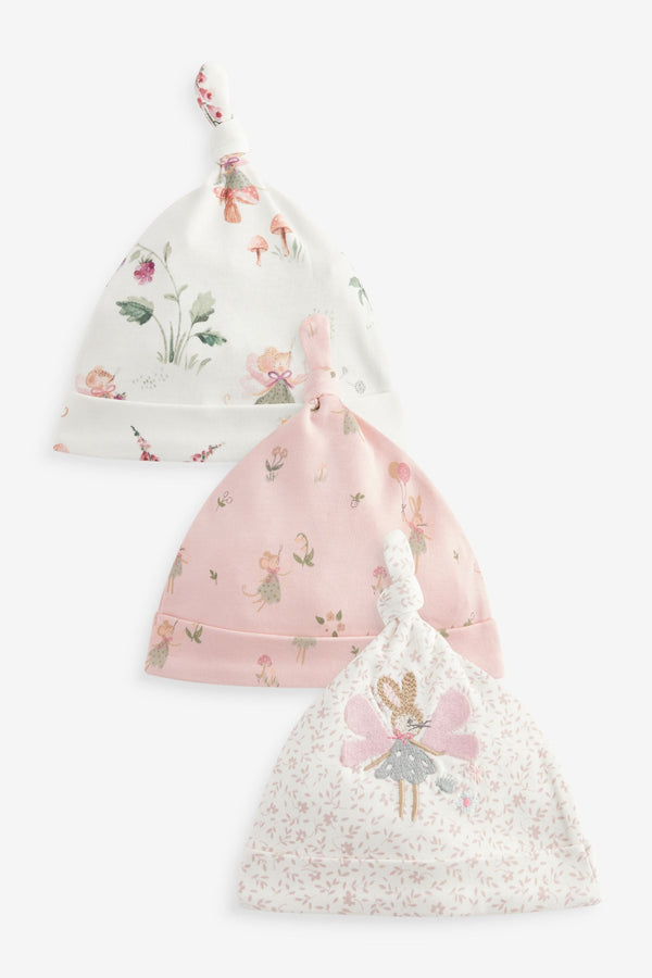 Pink Fairy Baby Tie Top 100% Cotton Hats 3 Pack (0mths-2yrs)