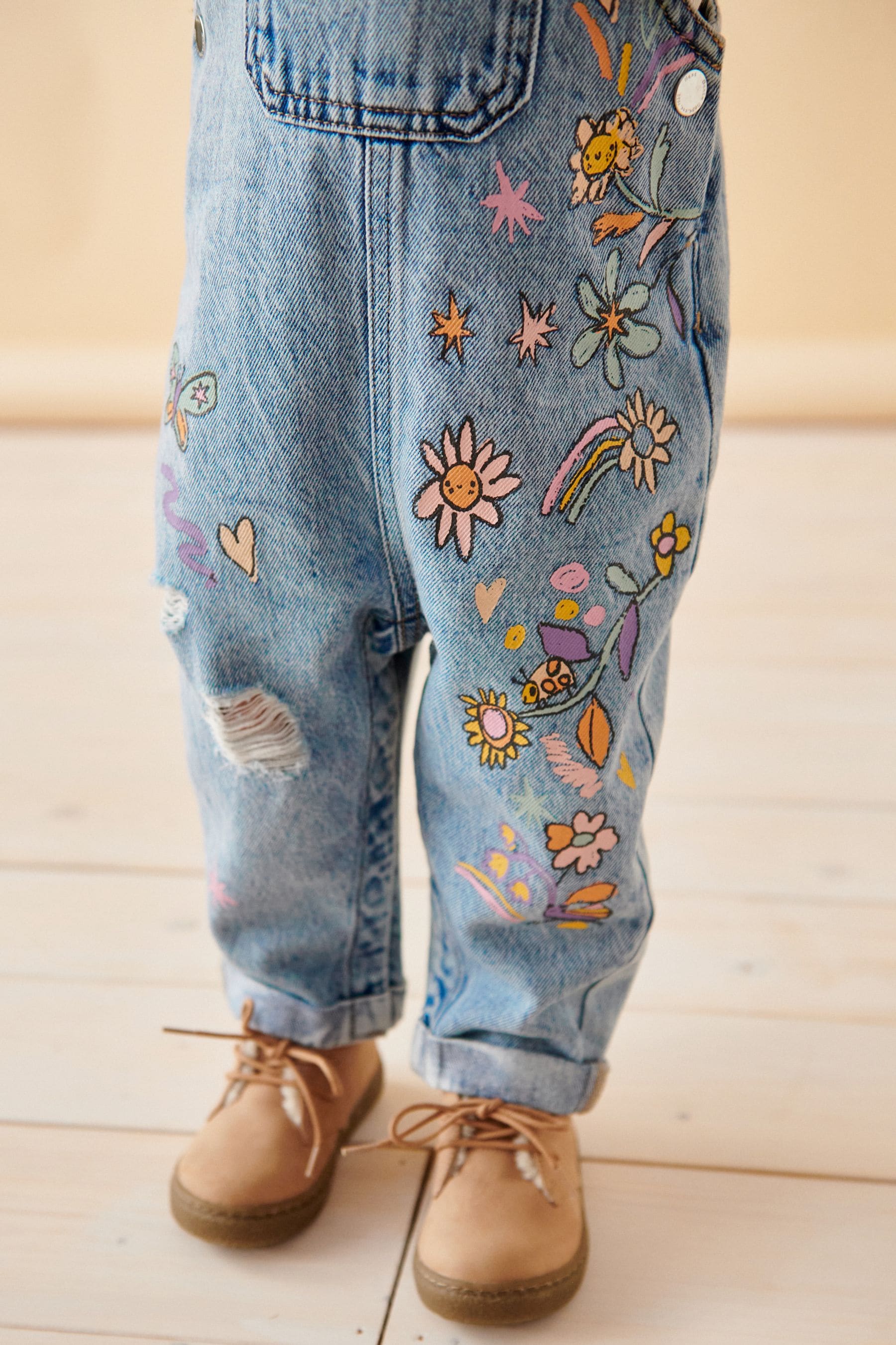 Denim Floral Printed 100% Cotton Dungaree Set (3mths-7yrs)