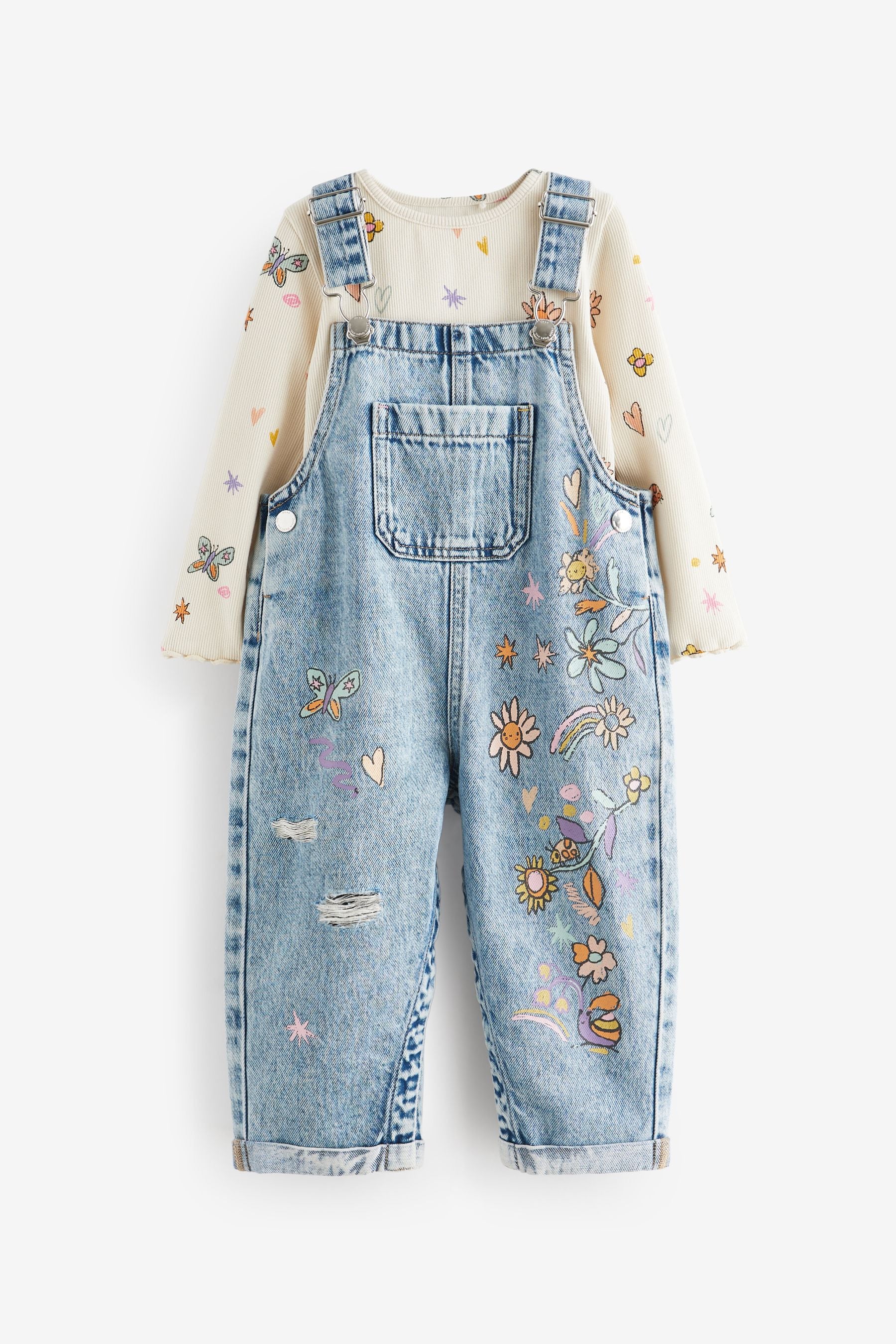 Denim Floral Printed 100% Cotton Dungaree Set (3mths-7yrs)