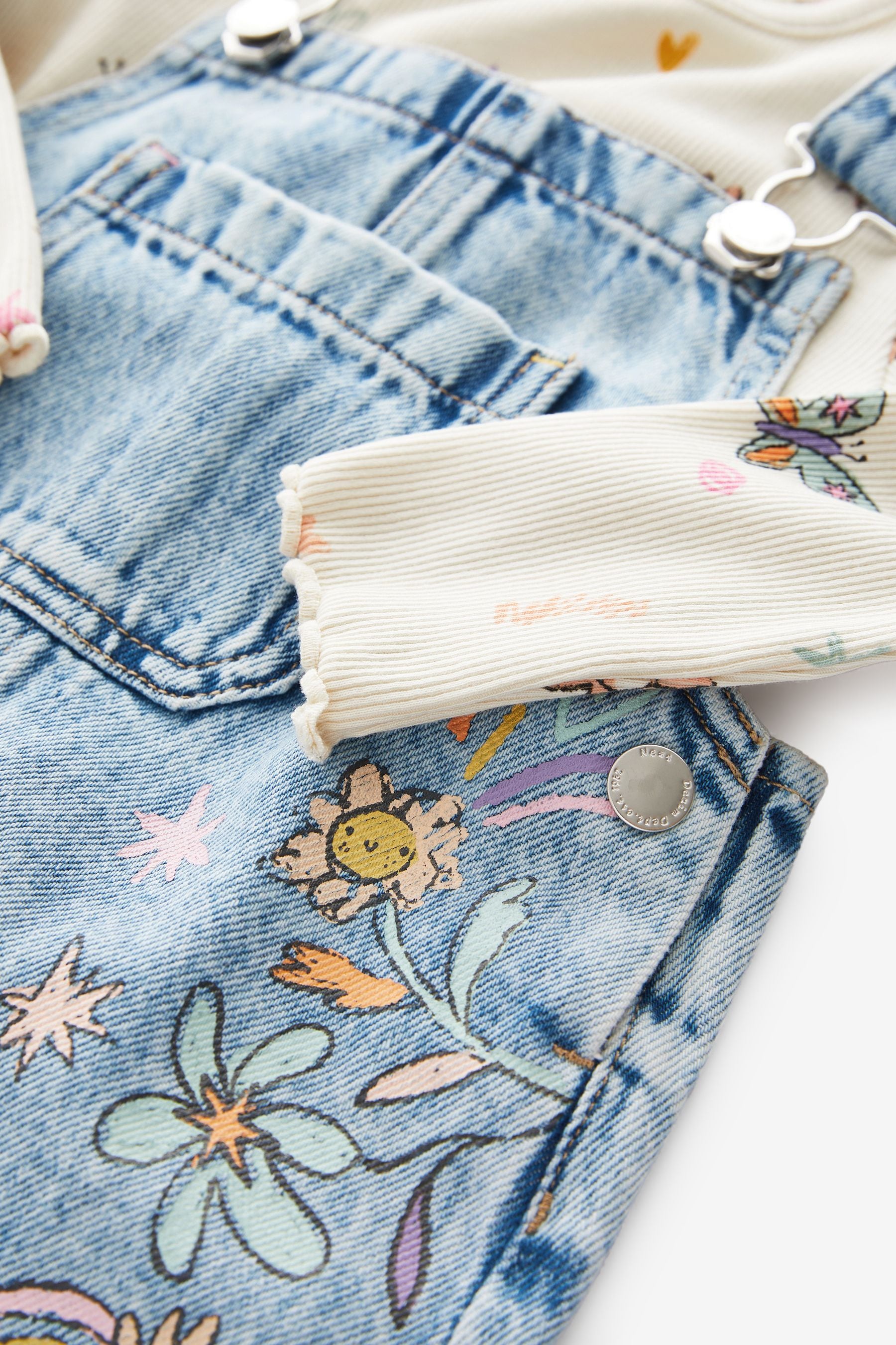 Denim Floral Printed 100% Cotton Dungaree Set (3mths-7yrs)