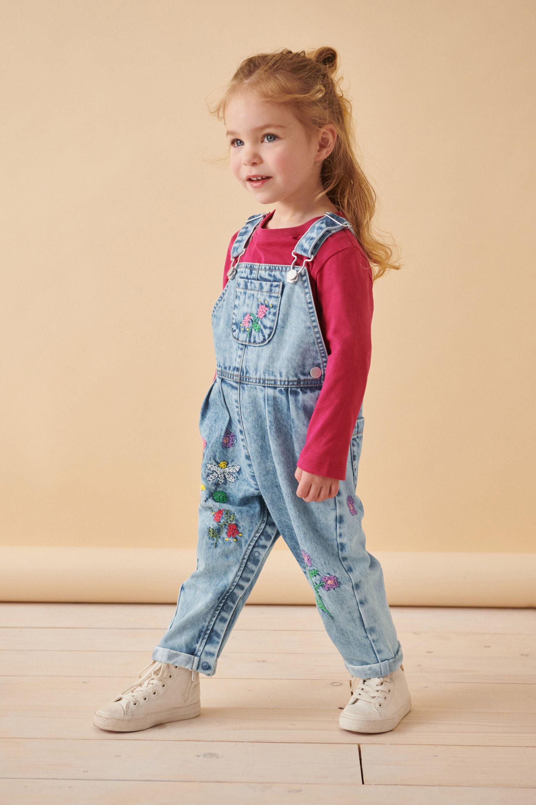 Denim Floral Print Embroidered 100% Cotton Dungarees (3mths-7yrs)