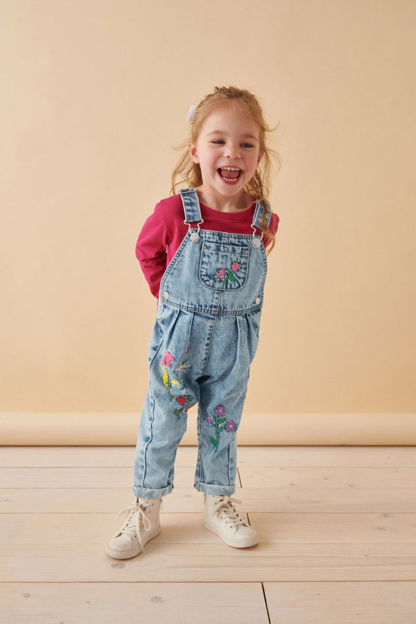 Denim Floral Print Embroidered 100% Cotton Dungarees (3mths-7yrs)