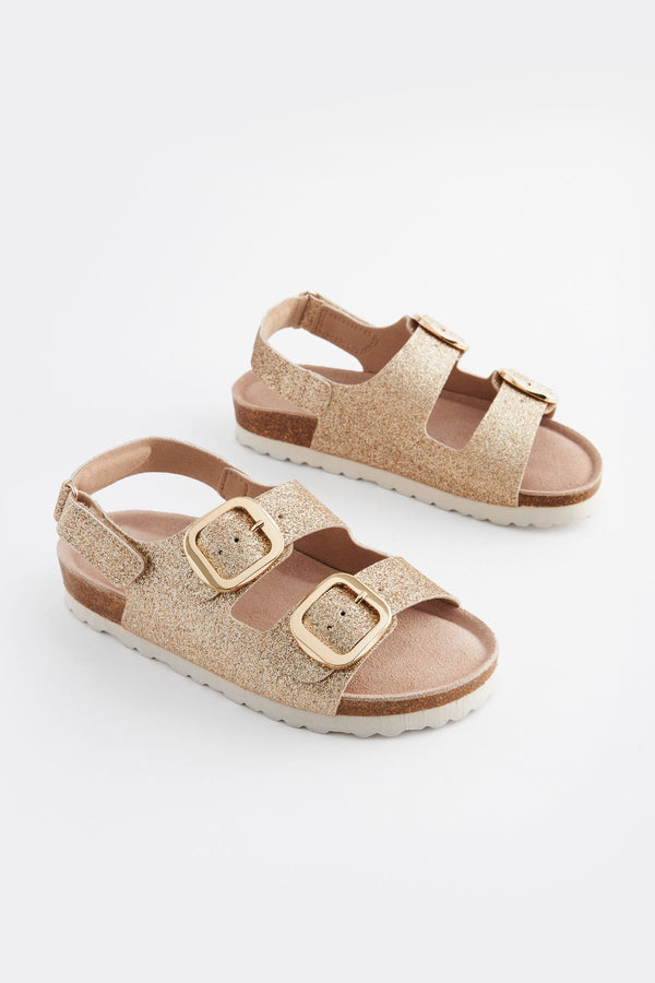 Gold Glitter Two Strap Corkbed Sandals