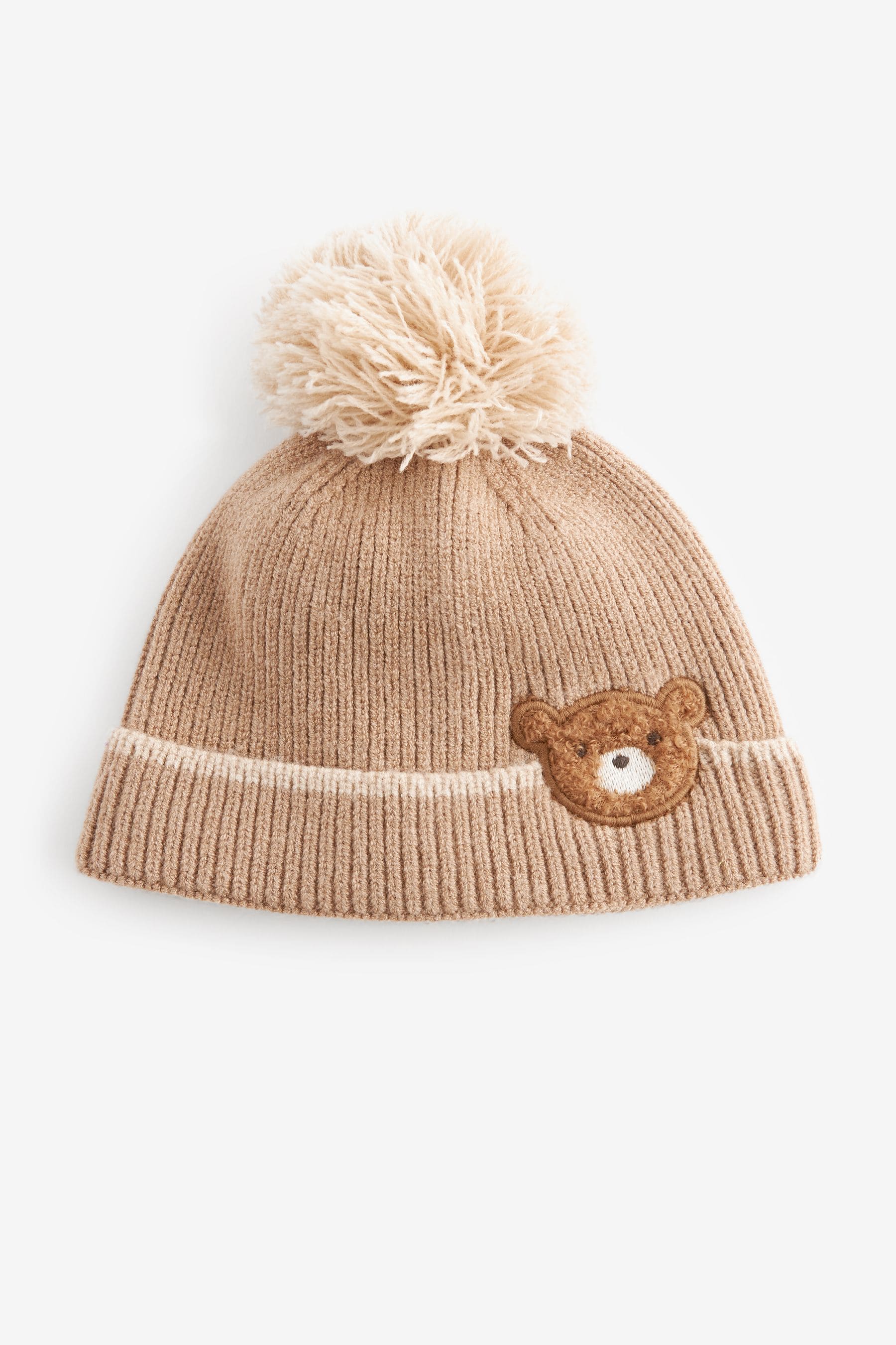 Tan Brown Bear Knitted Baby Pom Beanie Hat (0mths-2yrs)