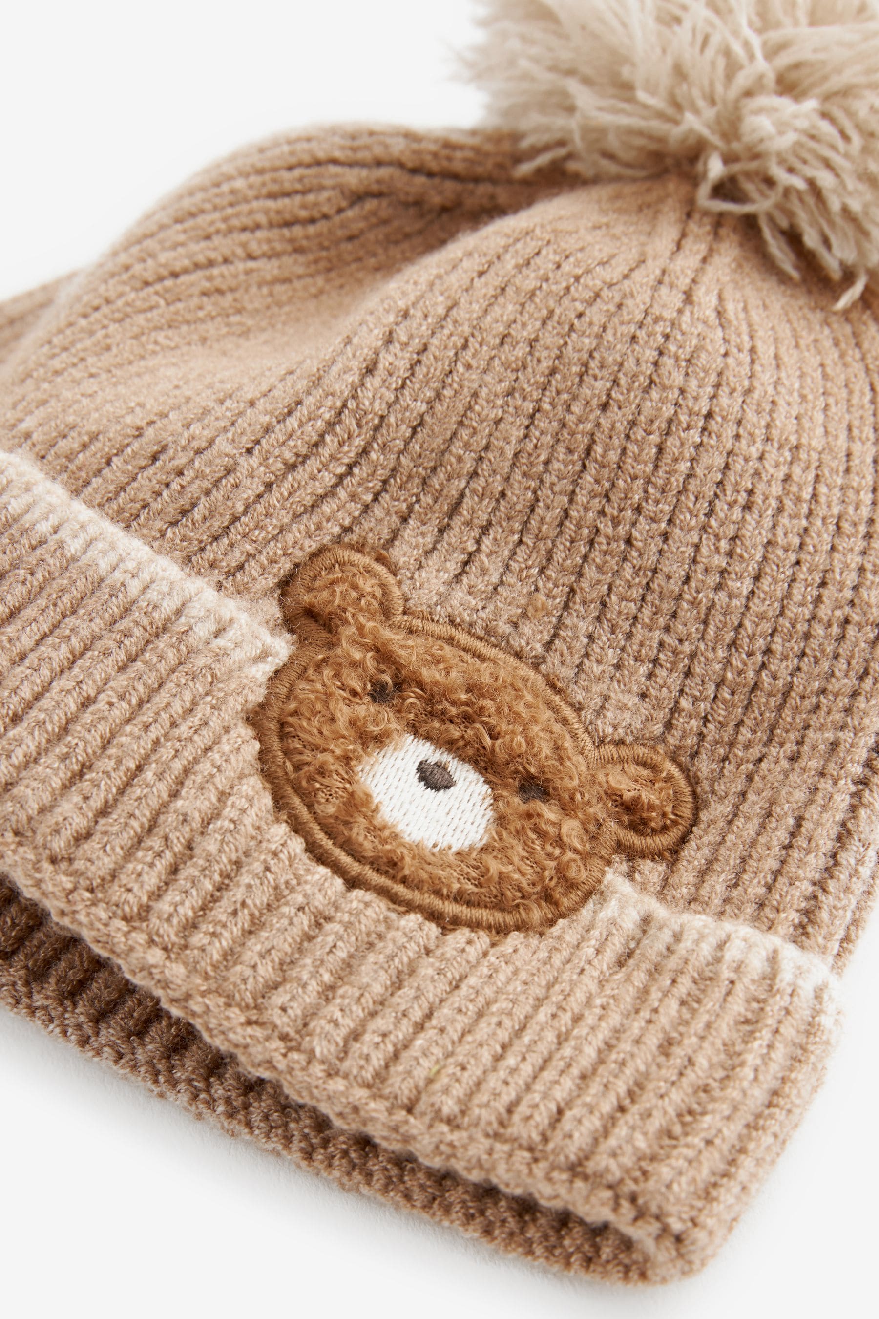 Tan Brown Bear Knitted Baby Pom Beanie Hat (0mths-2yrs)