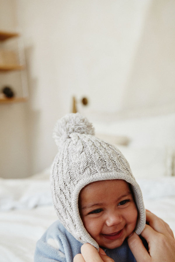 Grey Cable Knitted Baby Trapper Hat (0mths-2yrs)