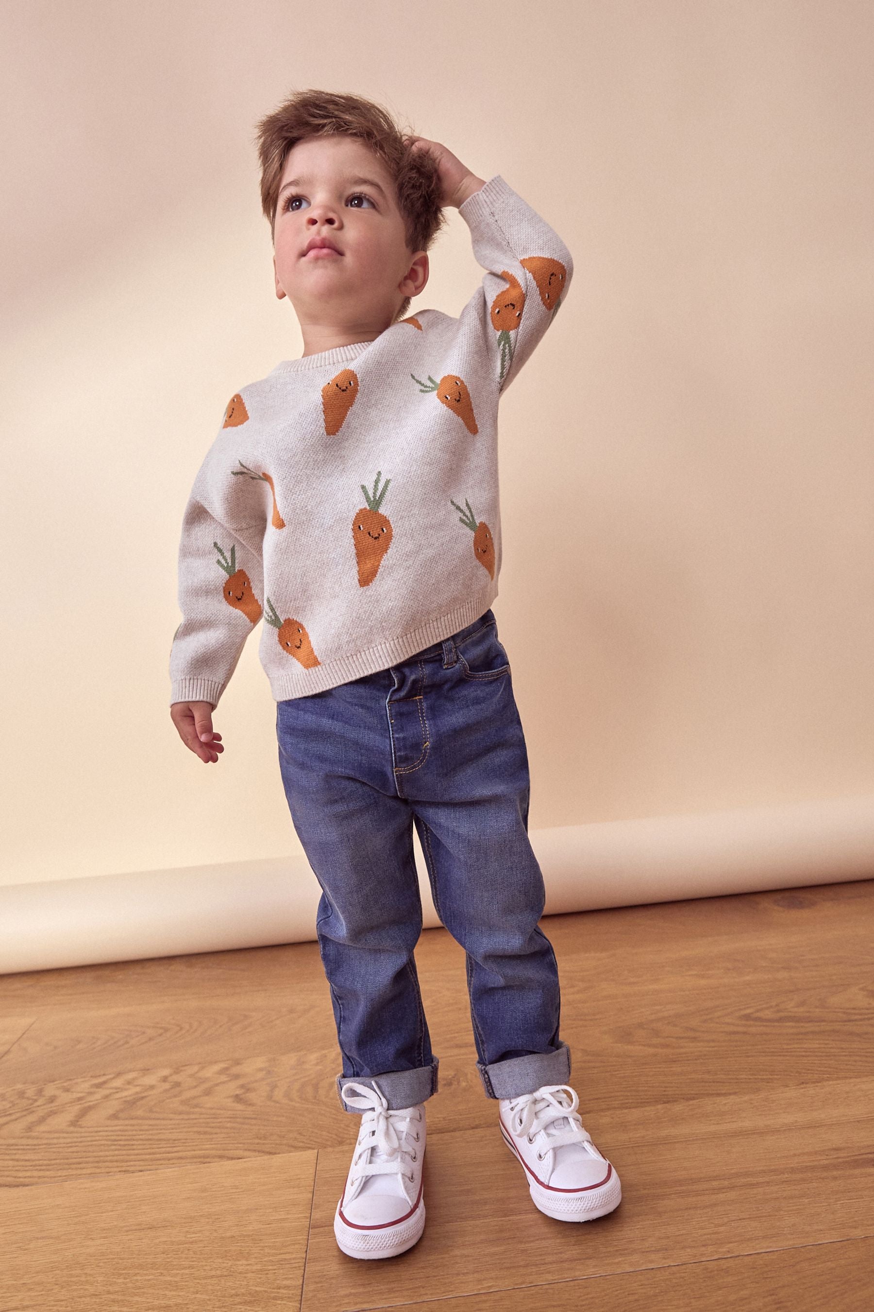 Neutral Carrot Character Knitted Crew Neck 100% Cotton Jumper (3mths-7yrs)