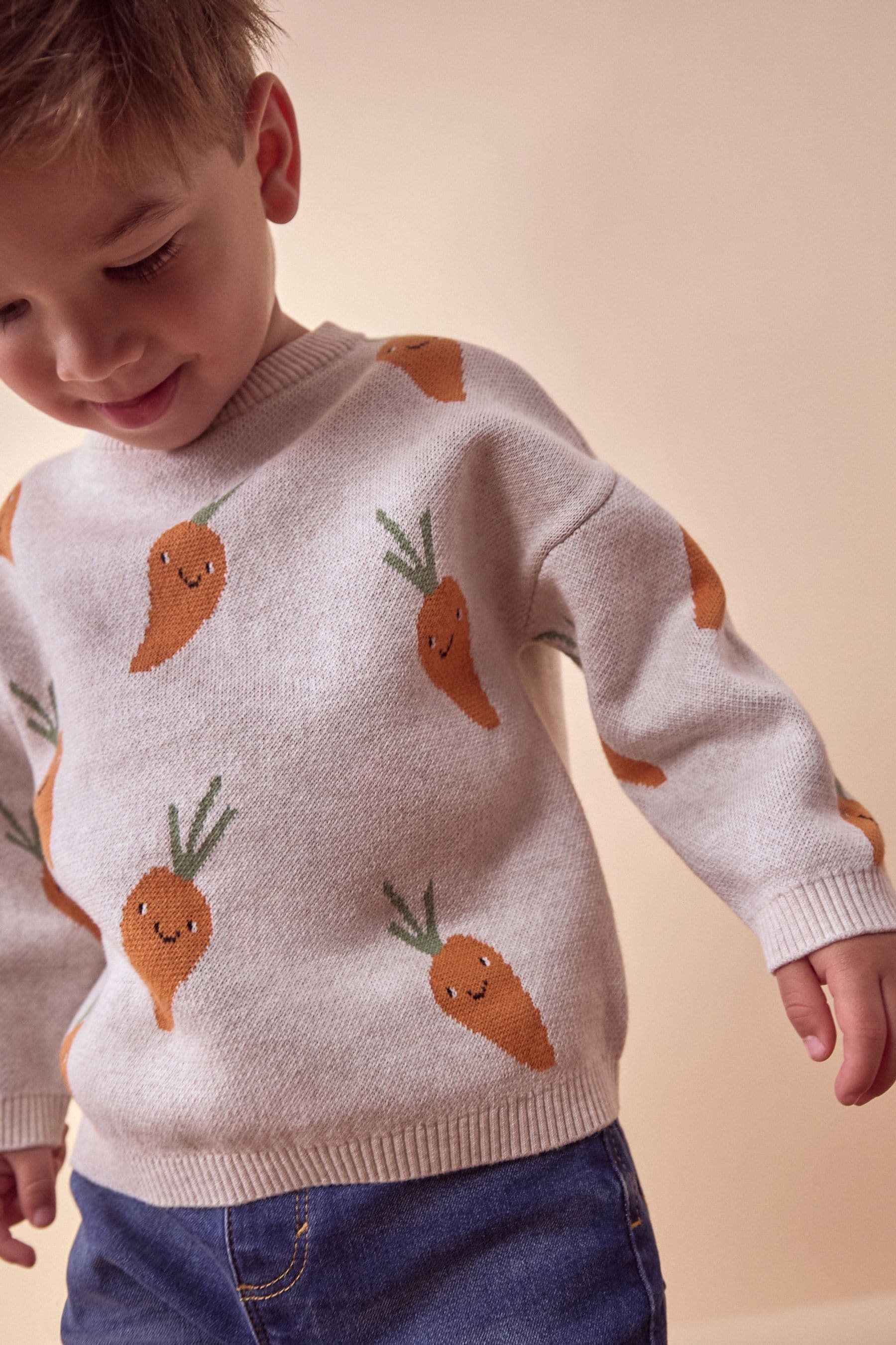 Neutral Carrot Character Knitted Crew Neck 100% Cotton Jumper (3mths-7yrs)