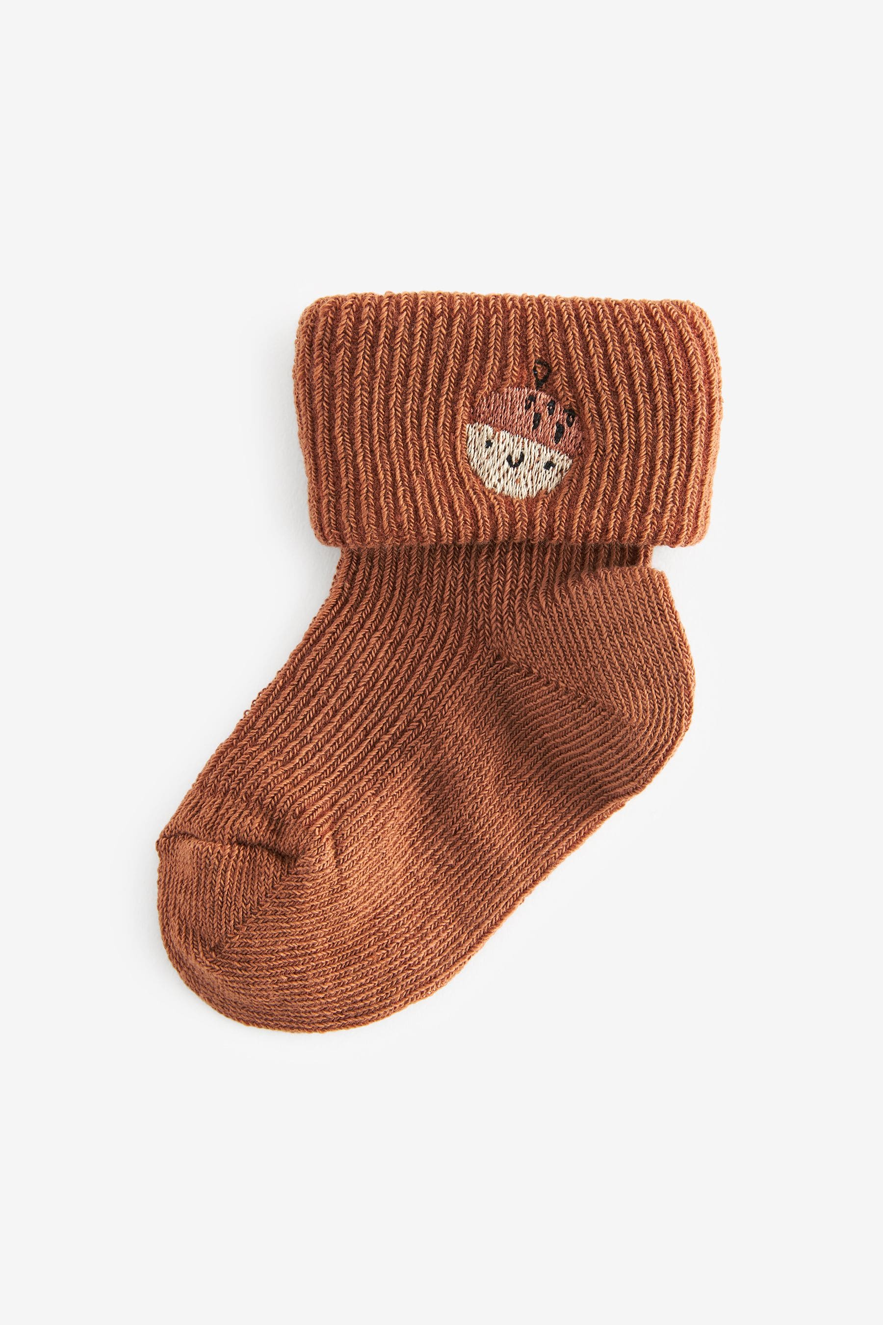 Brown Baby Embroidered Roll Top Socks 5 Pack (0mths-2yrs)