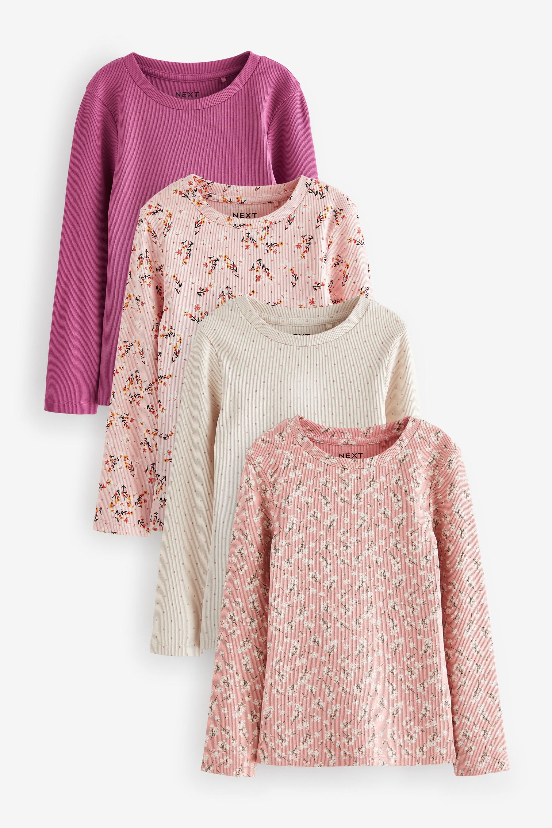 Pink Floral Rib Long Sleeve Tops 4 Pack (3-16yrs)