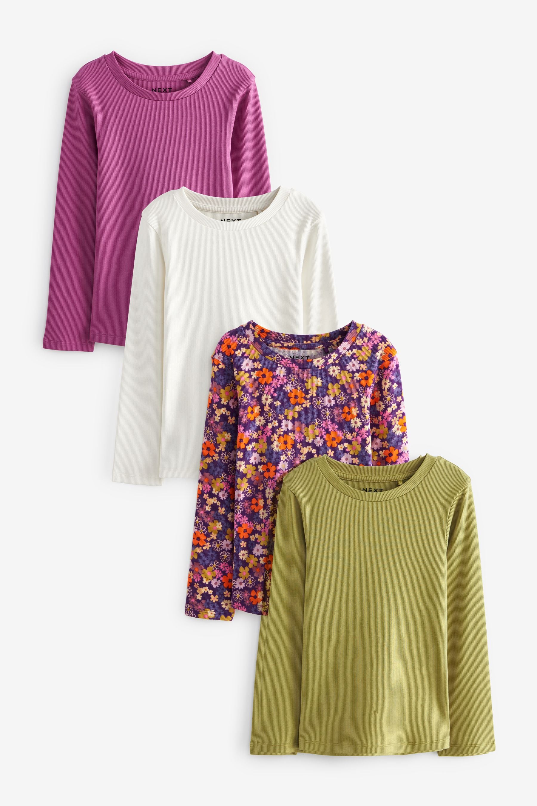 Green/Purple Rib Long Sleeve Tops 4 Pack (3-16yrs)