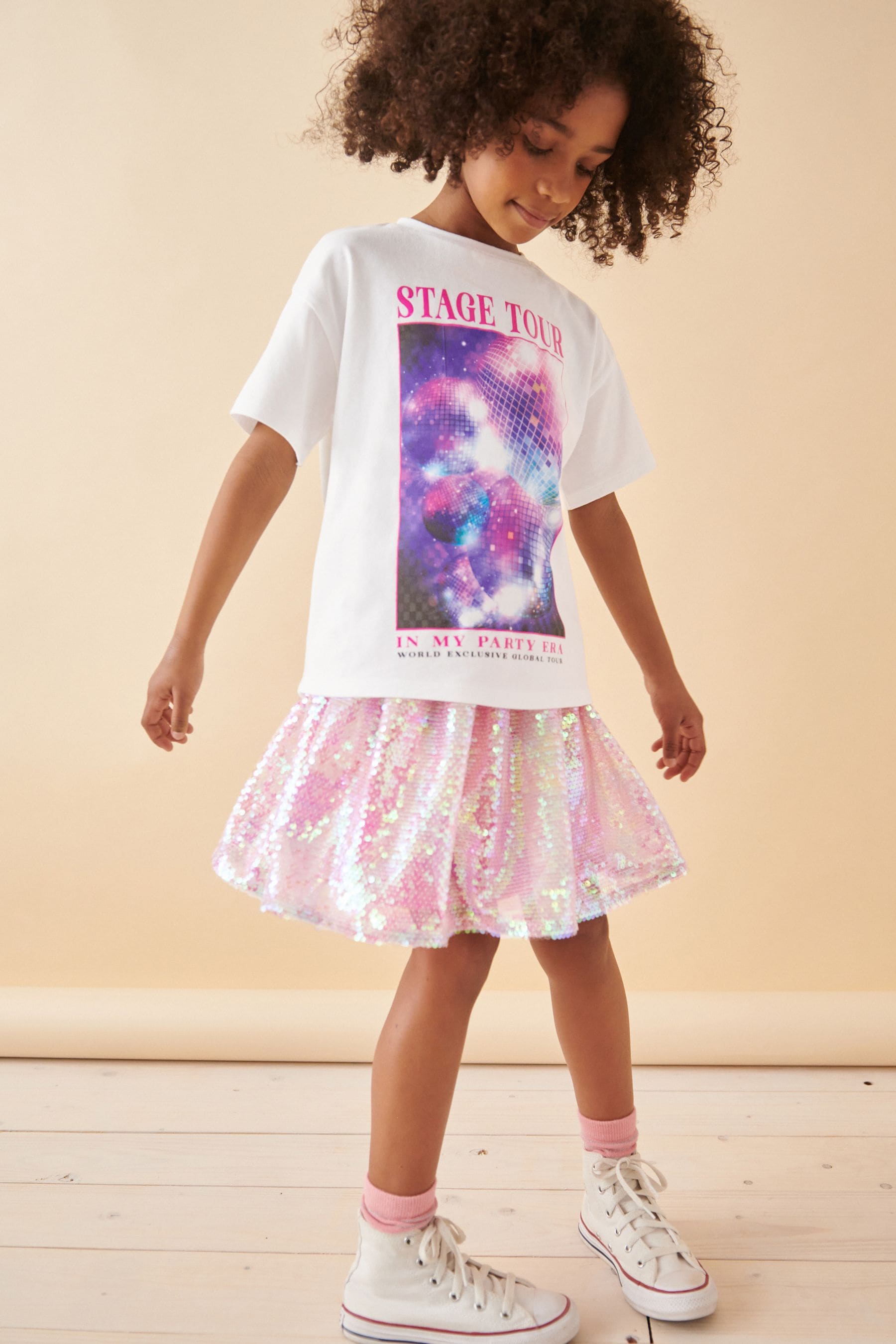 White/Pink Glitterball Graphic T-Shirt and Sequin Skirt Set (3-16yrs)