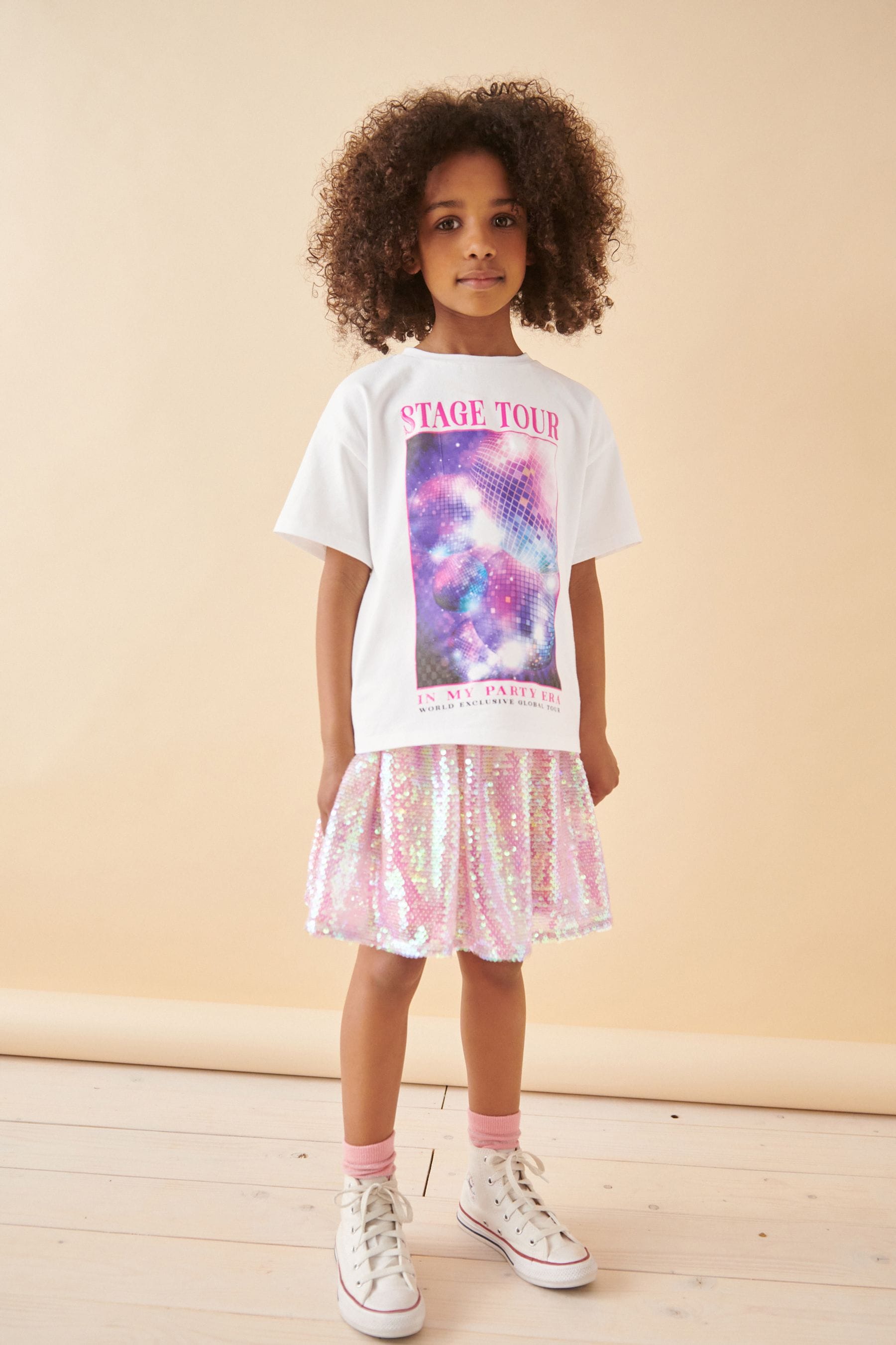 White/Pink Glitterball Graphic T-Shirt and Sequin Skirt Set (3-16yrs)