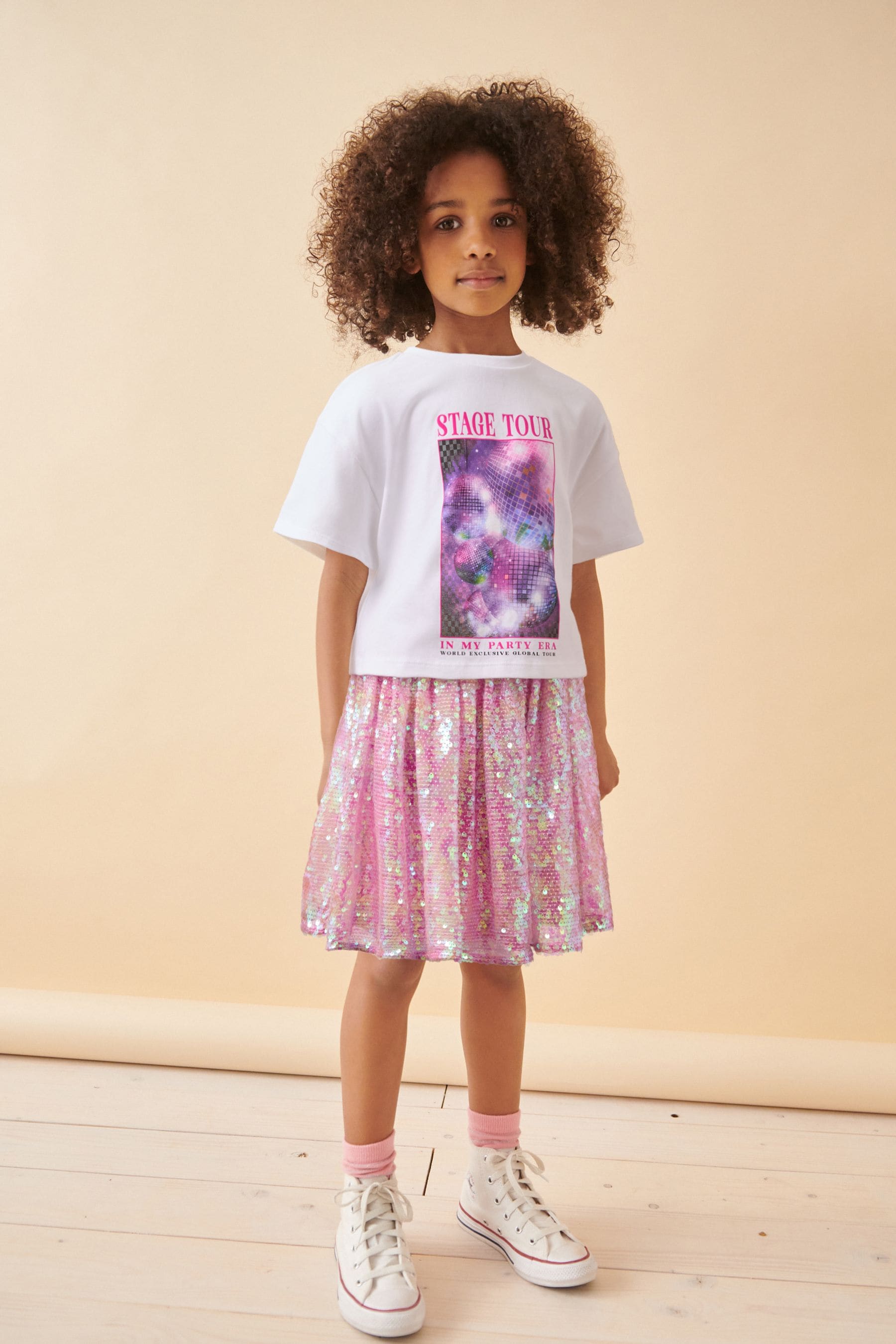 White/Pink Glitterball Graphic T-Shirt and Sequin Skirt Set (3-16yrs)