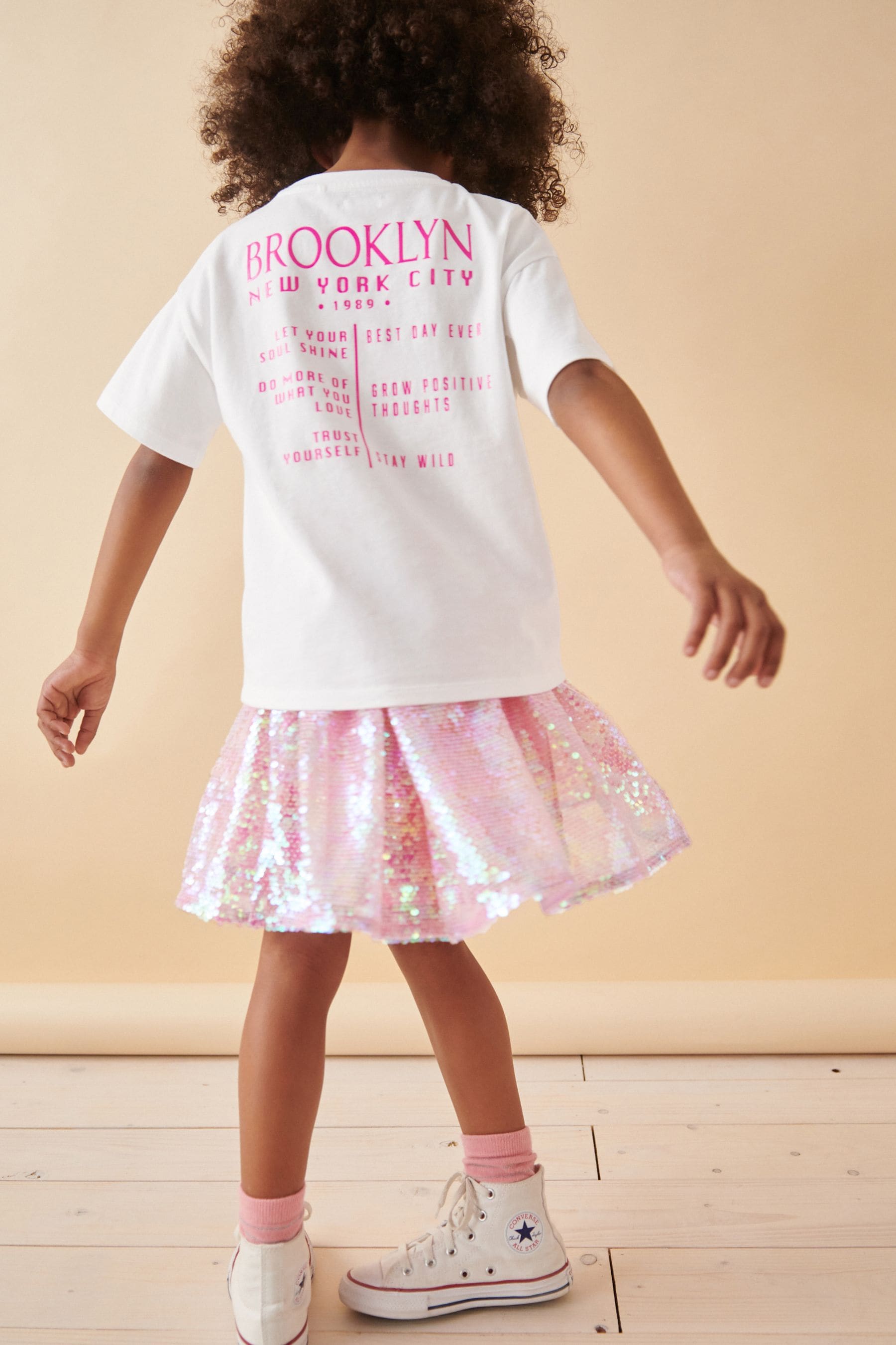 White/Pink Glitterball Graphic T-Shirt and Sequin Skirt Set (3-16yrs)