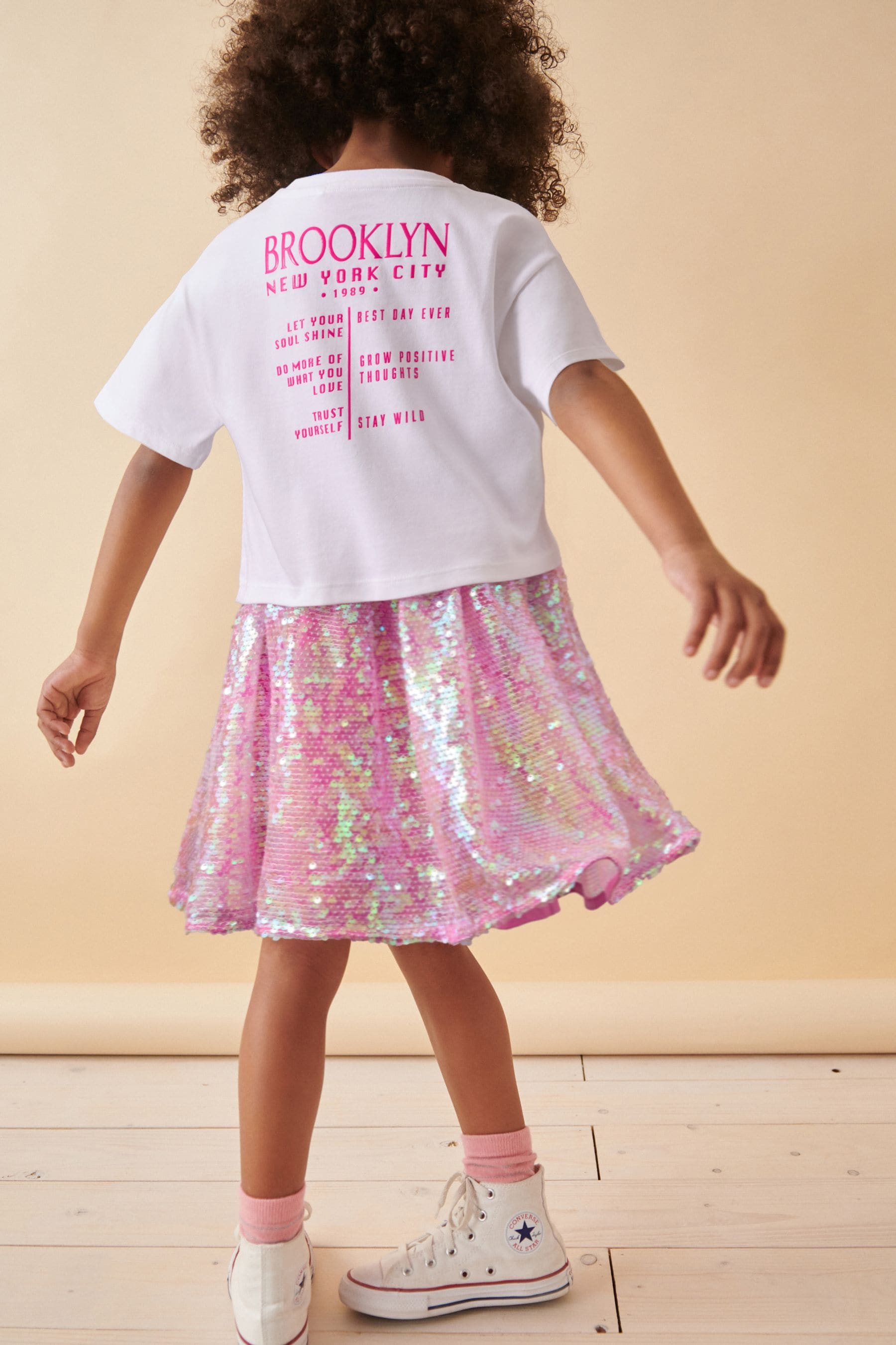 White/Pink Glitterball Graphic T-Shirt and Sequin Skirt Set (3-16yrs)