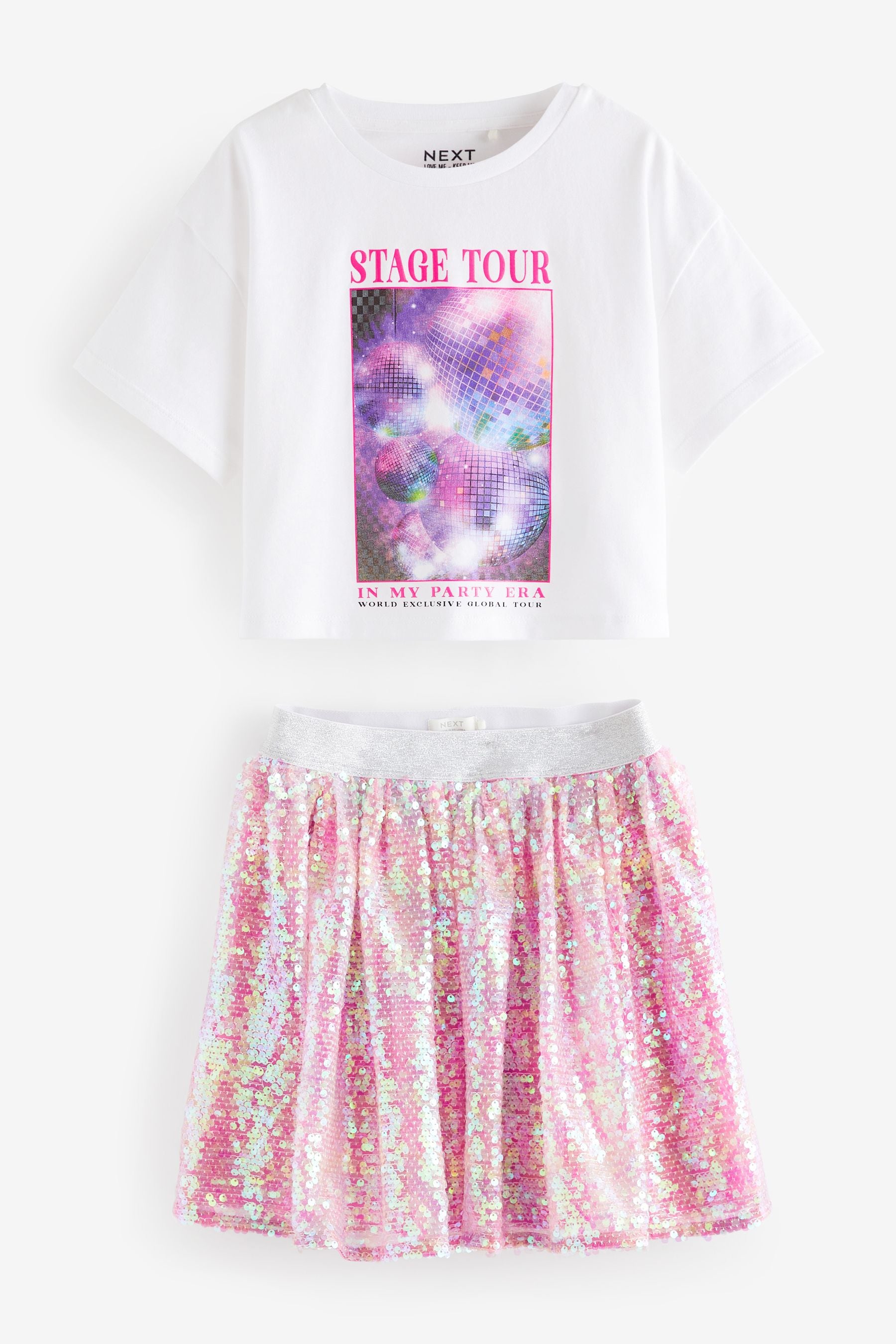 White/Pink Glitterball Graphic T-Shirt and Sequin Skirt Set (3-16yrs)