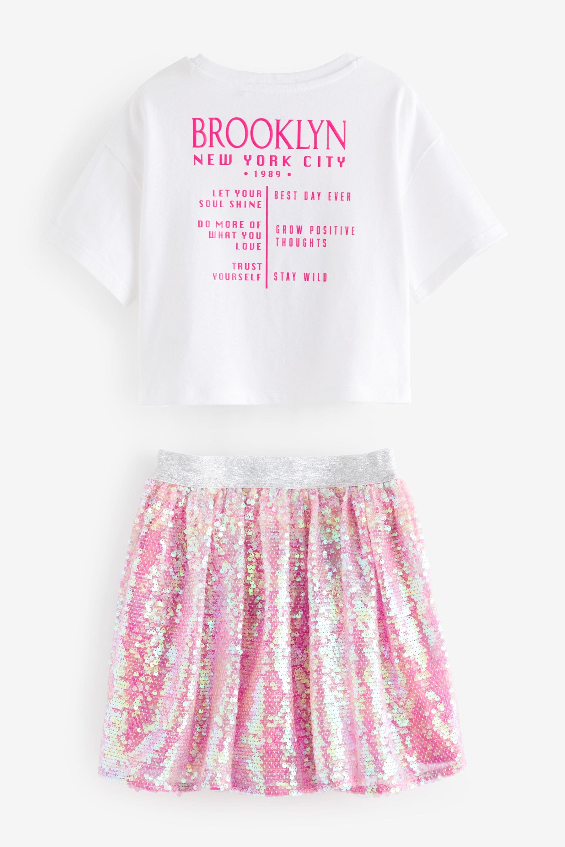 White/Pink Glitterball Graphic T-Shirt and Sequin Skirt Set (3-16yrs)