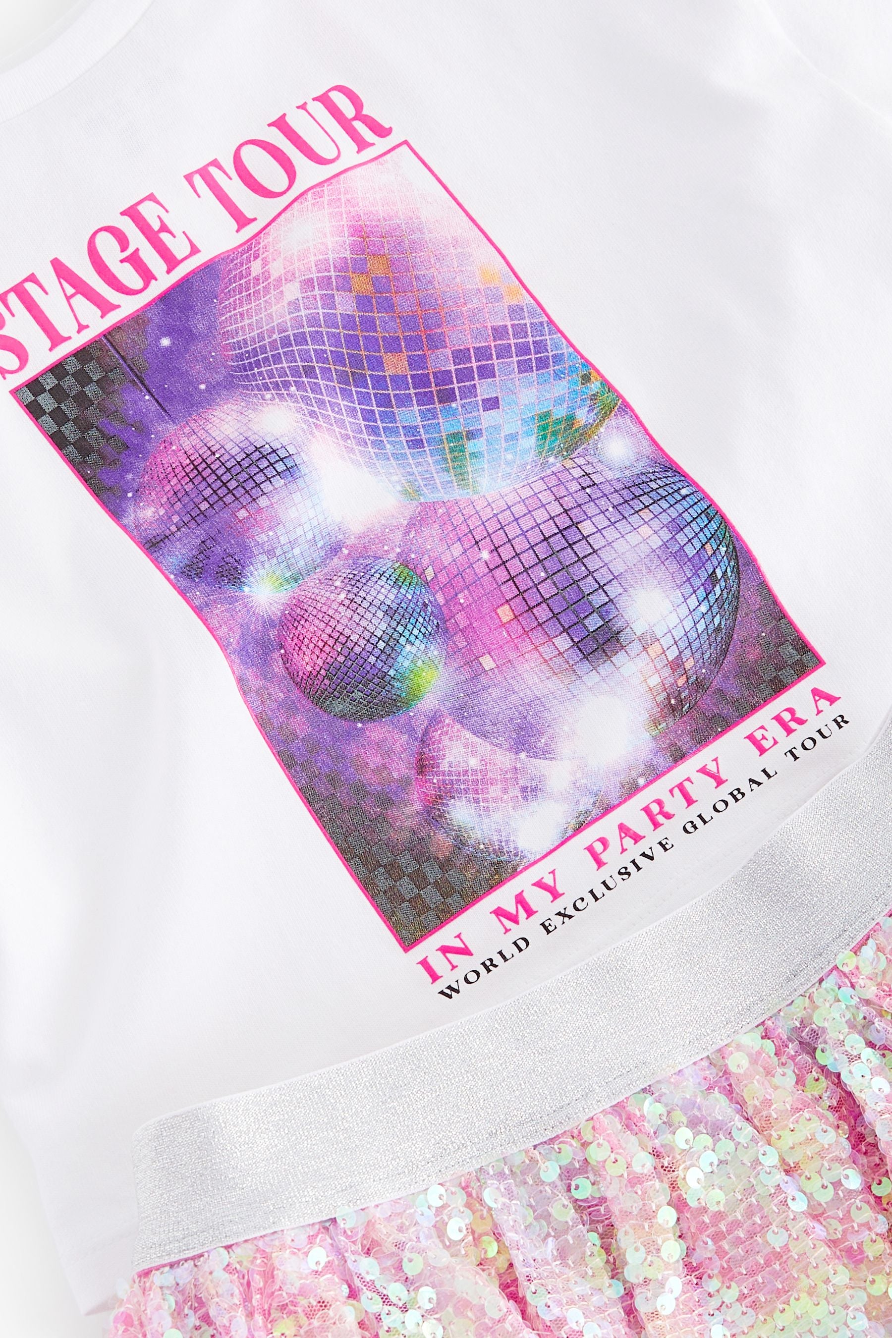 White/Pink Glitterball Graphic T-Shirt and Sequin Skirt Set (3-16yrs)