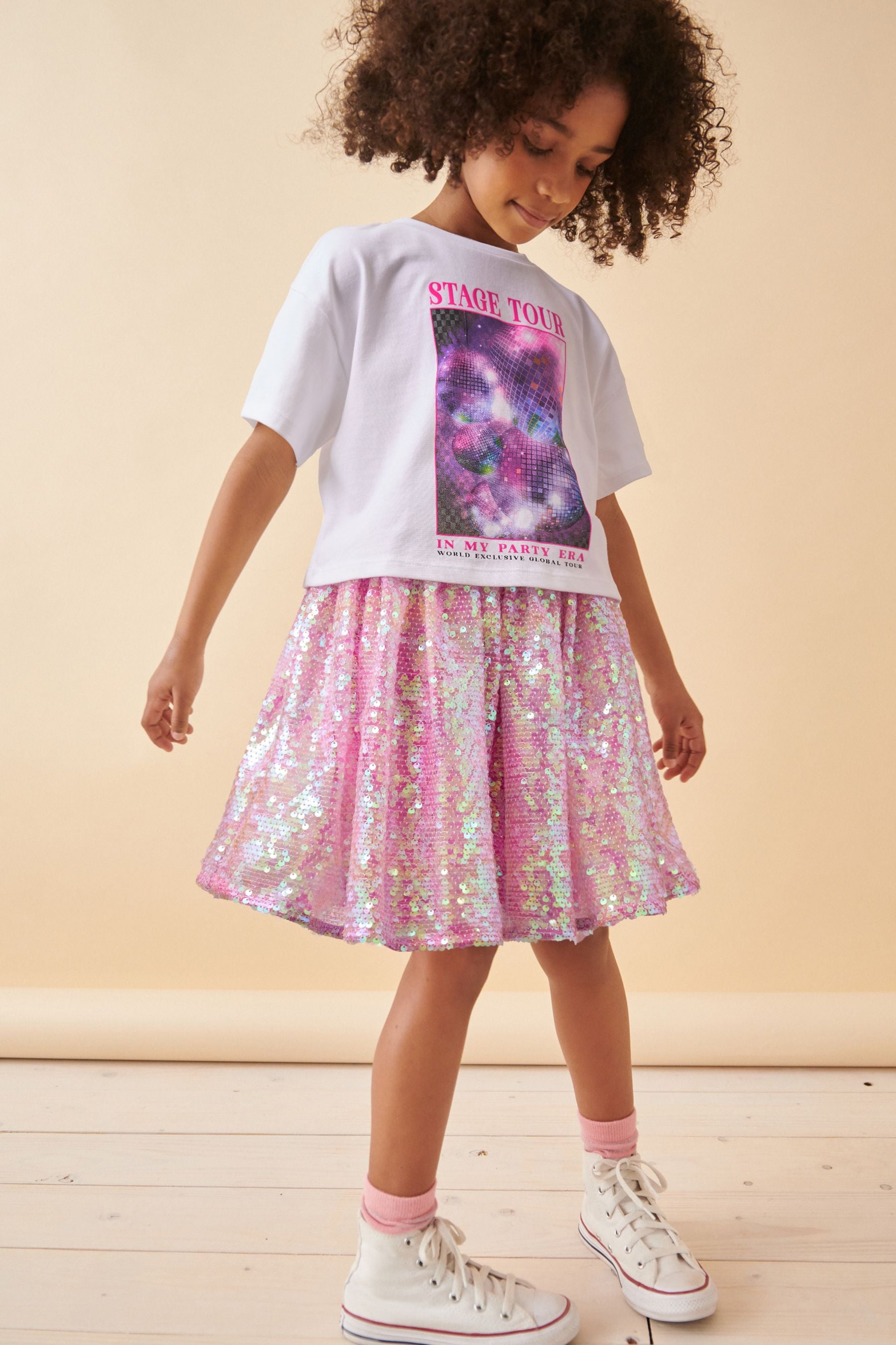 White/Pink Glitterball Graphic T-Shirt and Sequin Skirt Set (3-16yrs)