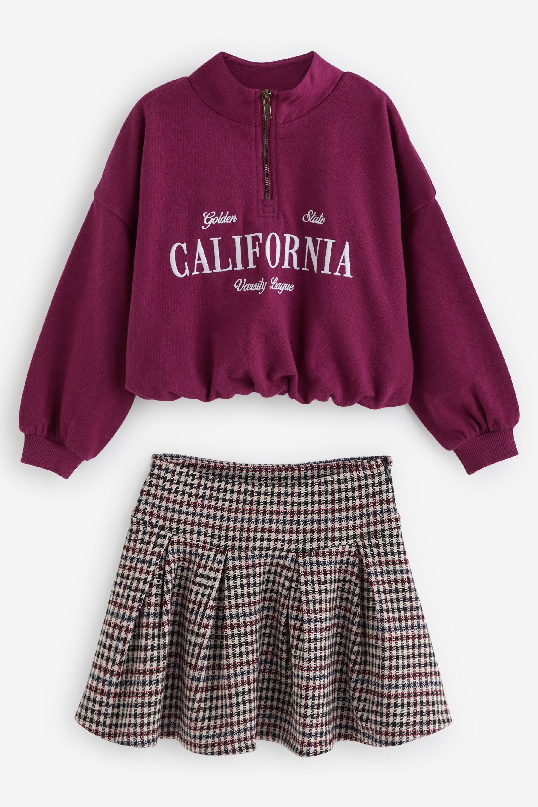 Burgundy Red Varsity Bubble Hem Sweat & Check Skirt Set (3-16yrs)