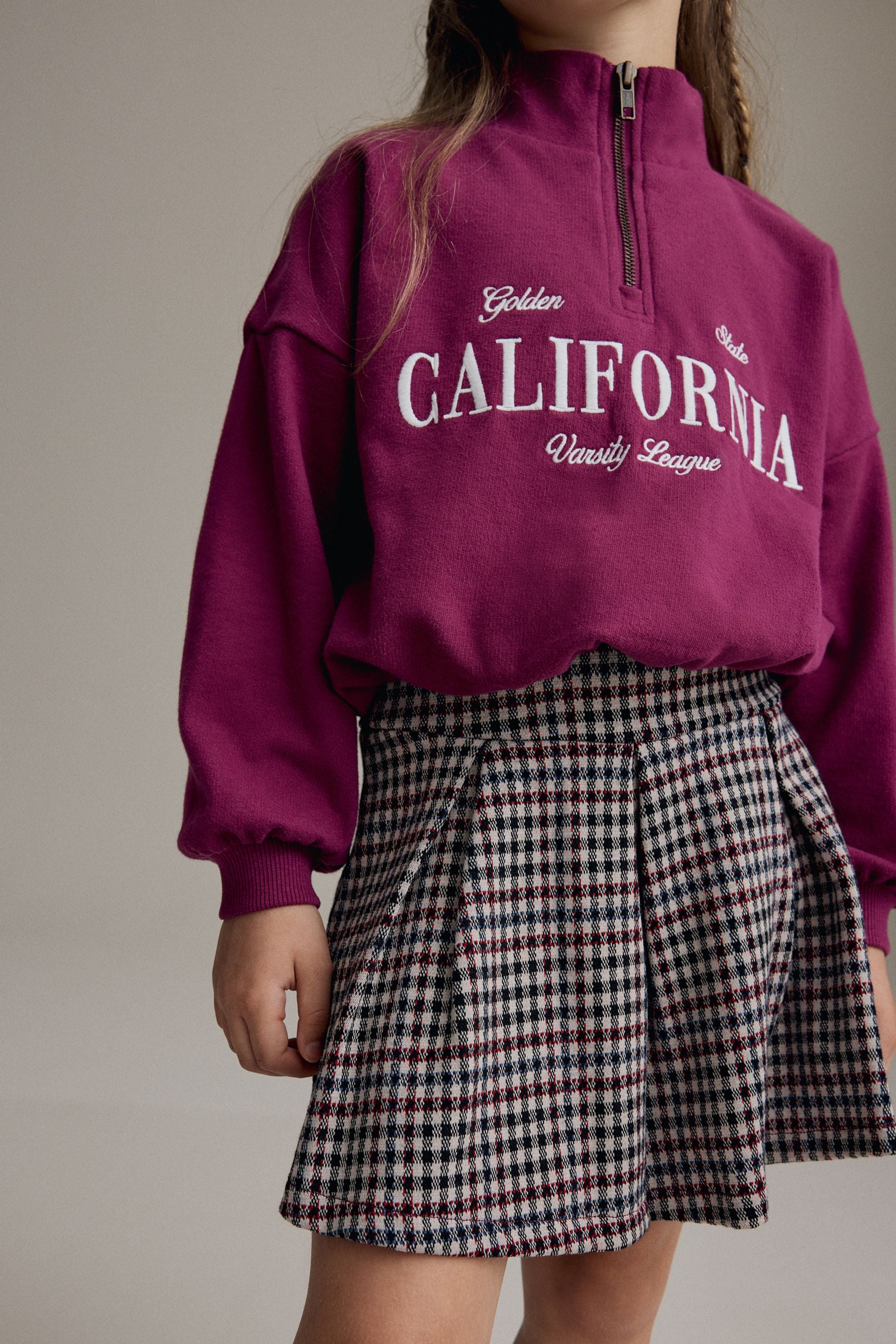 Burgundy Red Varsity Bubble Hem 100% Cotton Sweat & Check Skirt Set (3-16yrs)