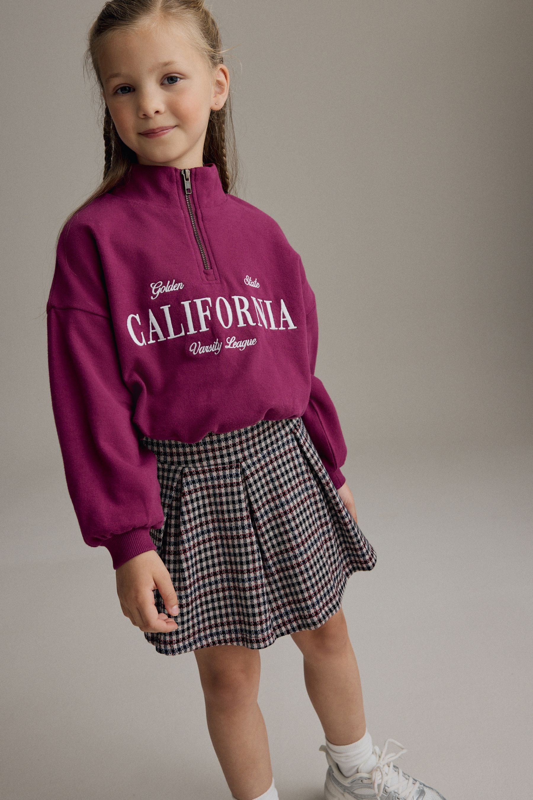 Burgundy Red Varsity Bubble Hem 100% Cotton Sweat & Check Skirt Set (3-16yrs)