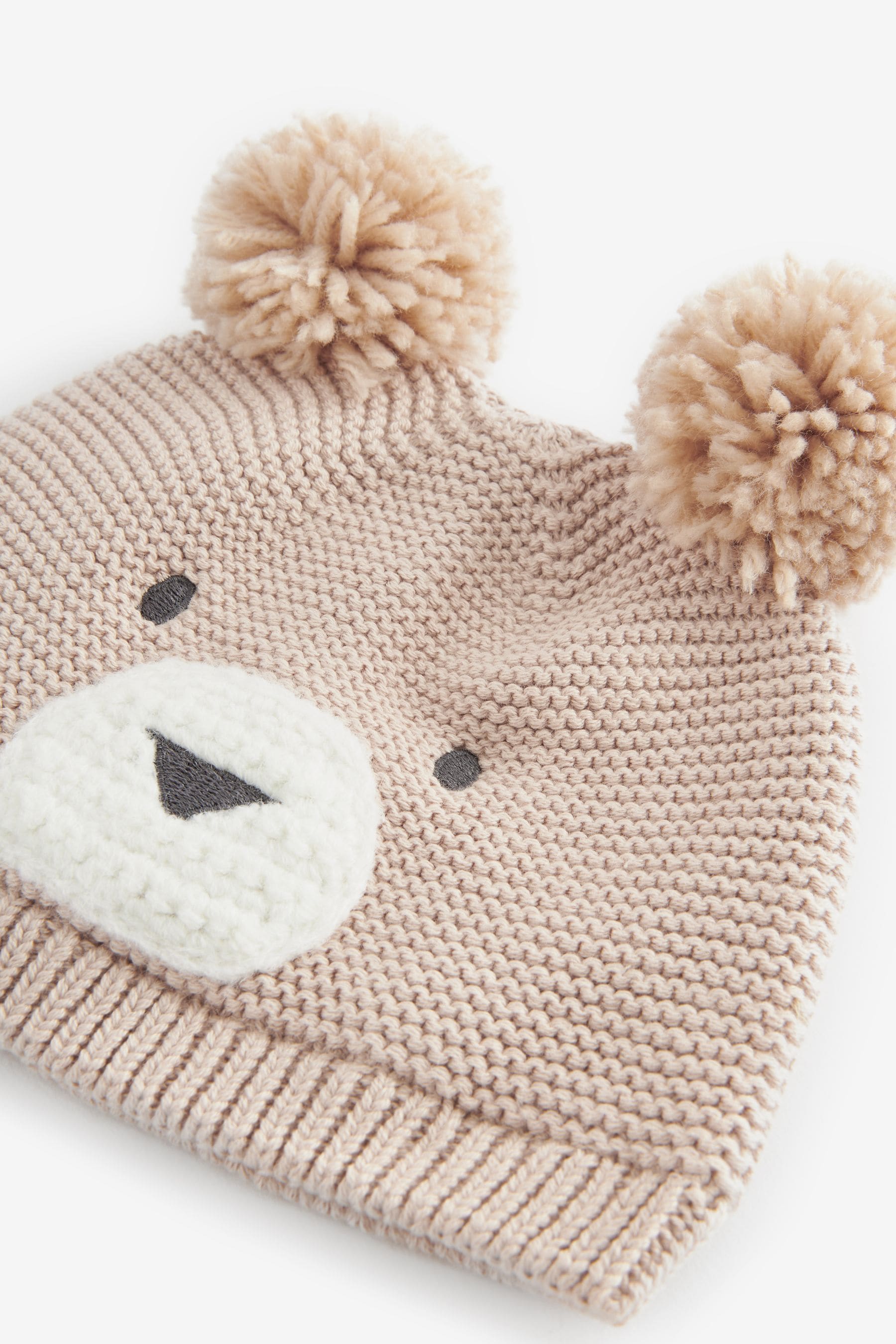 Neutral Bear Baby Knitted Double Pom Hat