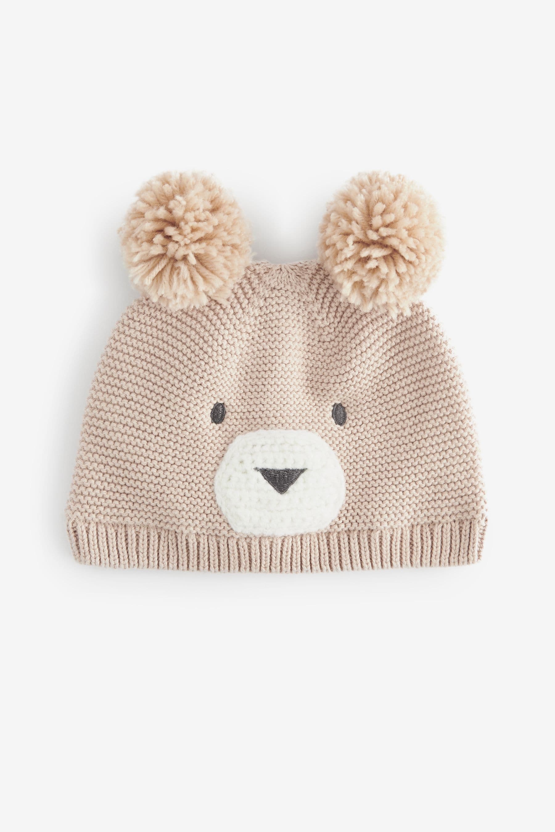 Neutral Bear Baby Knitted Double Pom Hat