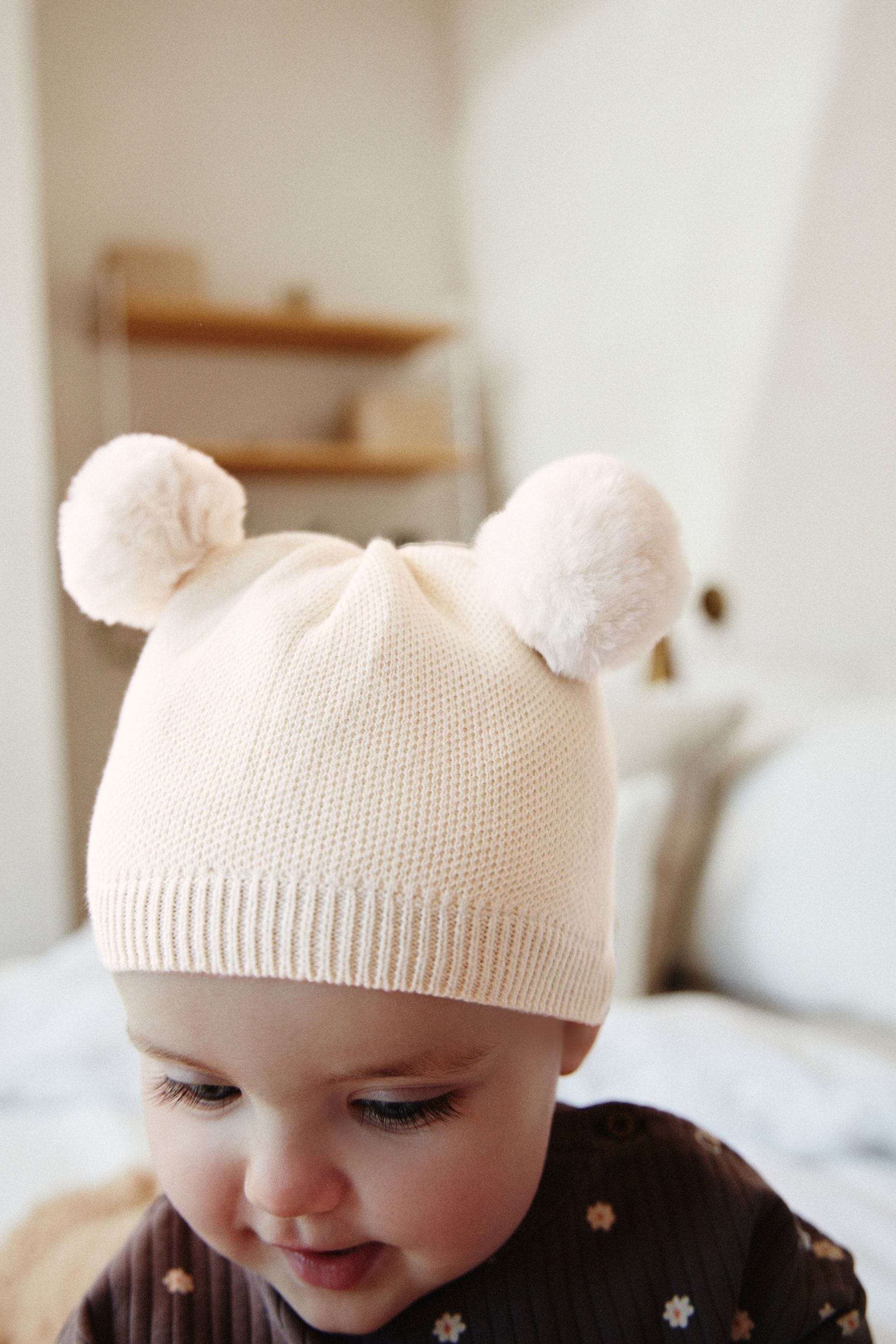 Cream Delicate Double Pom Baby Hat