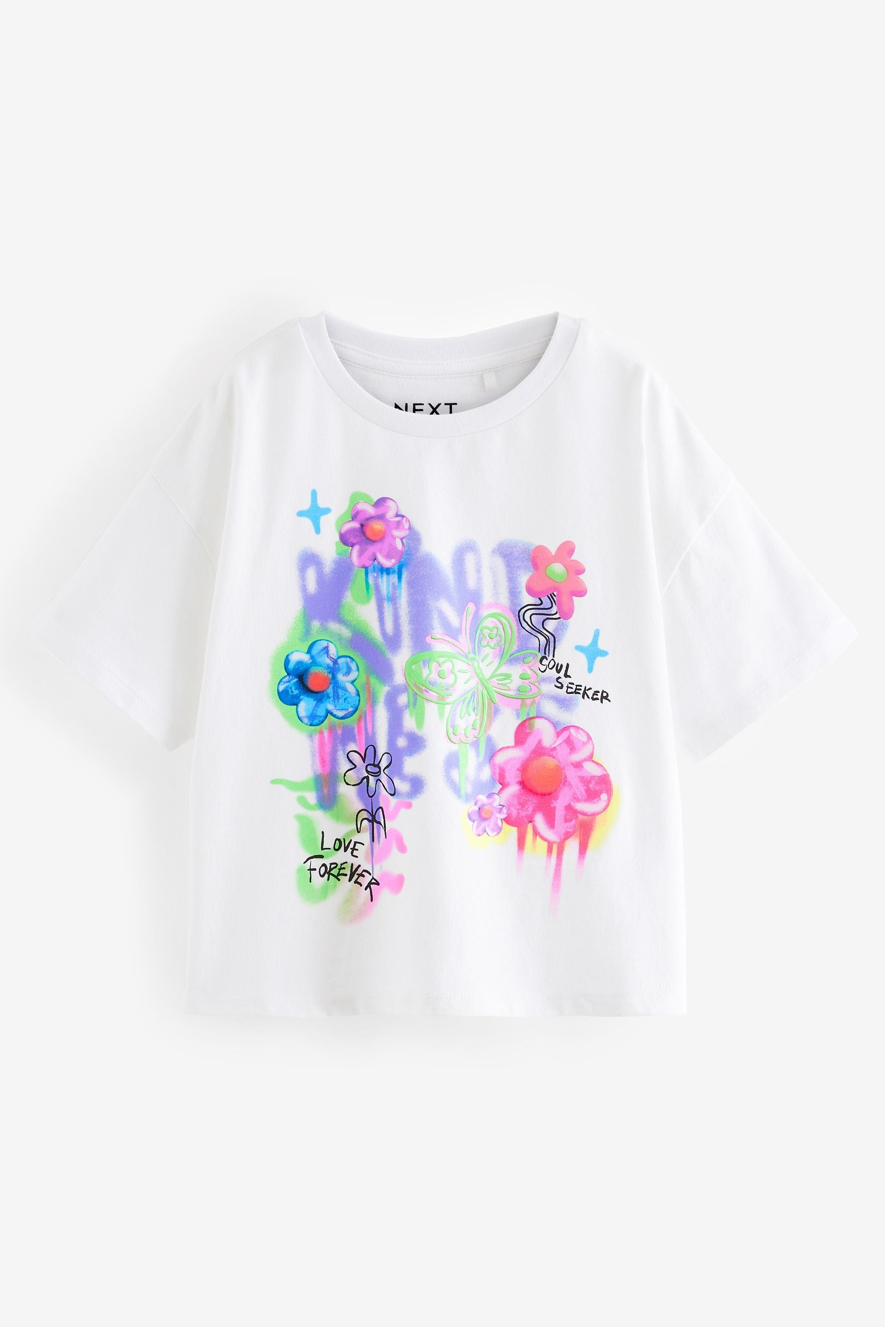 White 100% Cotton Graffiti Butterfly Graphic T-Shirt (3-16yrs)