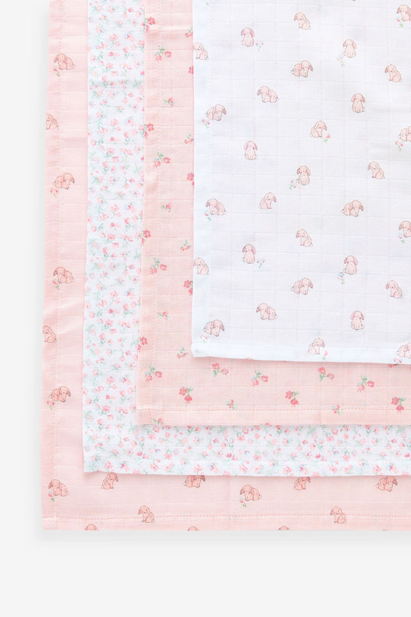 Pink Bunny Baby Muslin 100% Cotton Cloths 4 Pack