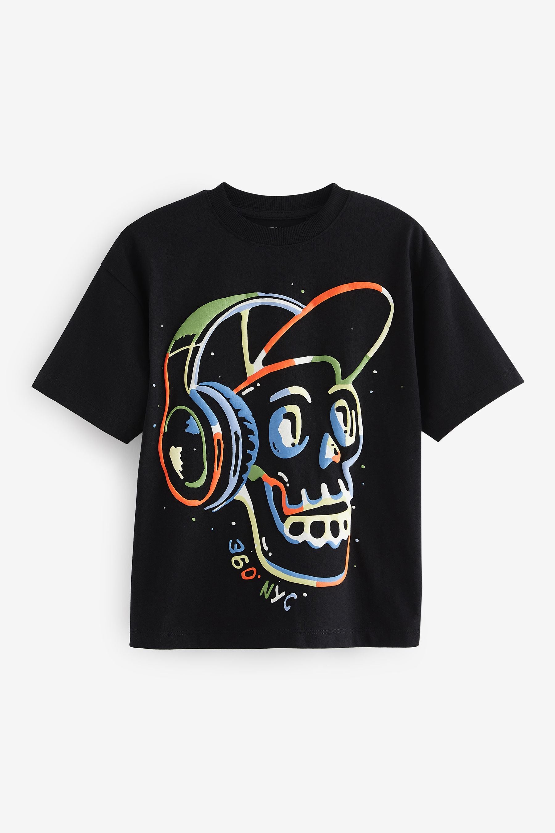 Black Skull Relaxed Fit Short Sleeve Graphic T-Shirt (3-16yrs)