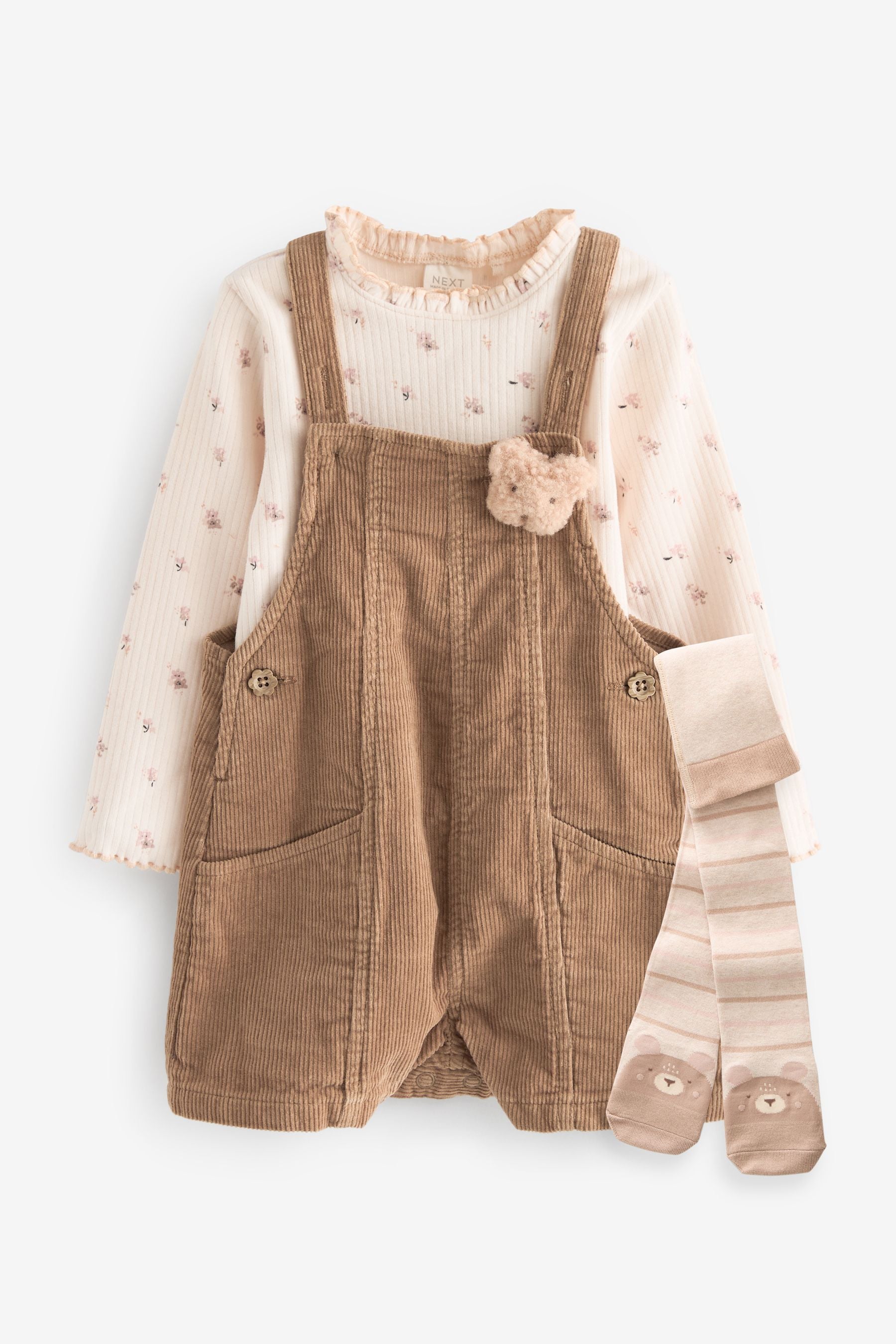 Neutral 100% Cotton Corduroy Dungarees T-Shirt & Tights Set (3mths-7yrs)