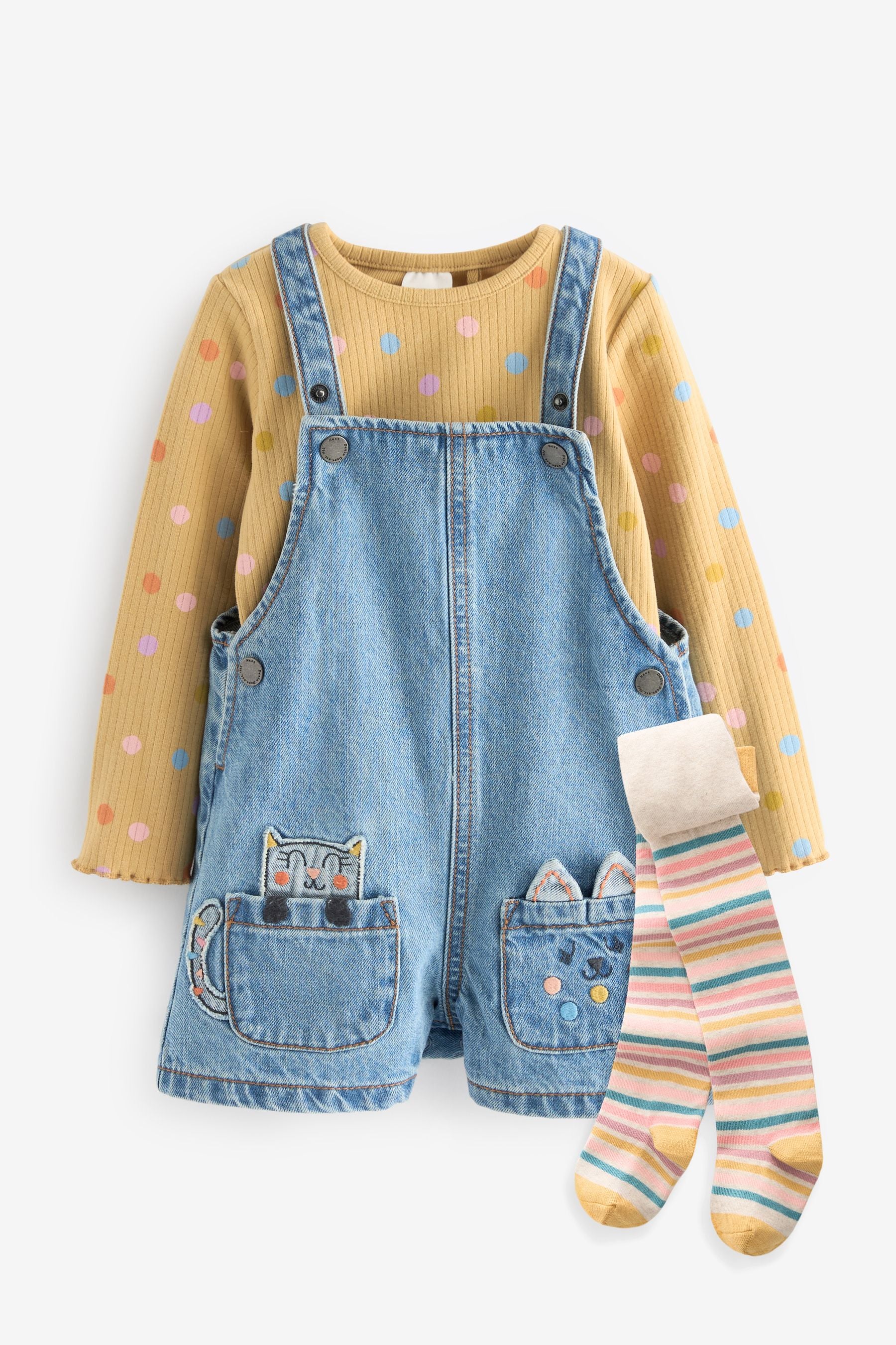 Denim Cat Embellished 100% Cotton Dungarees 3 Piece Set (3mths-7yrs)