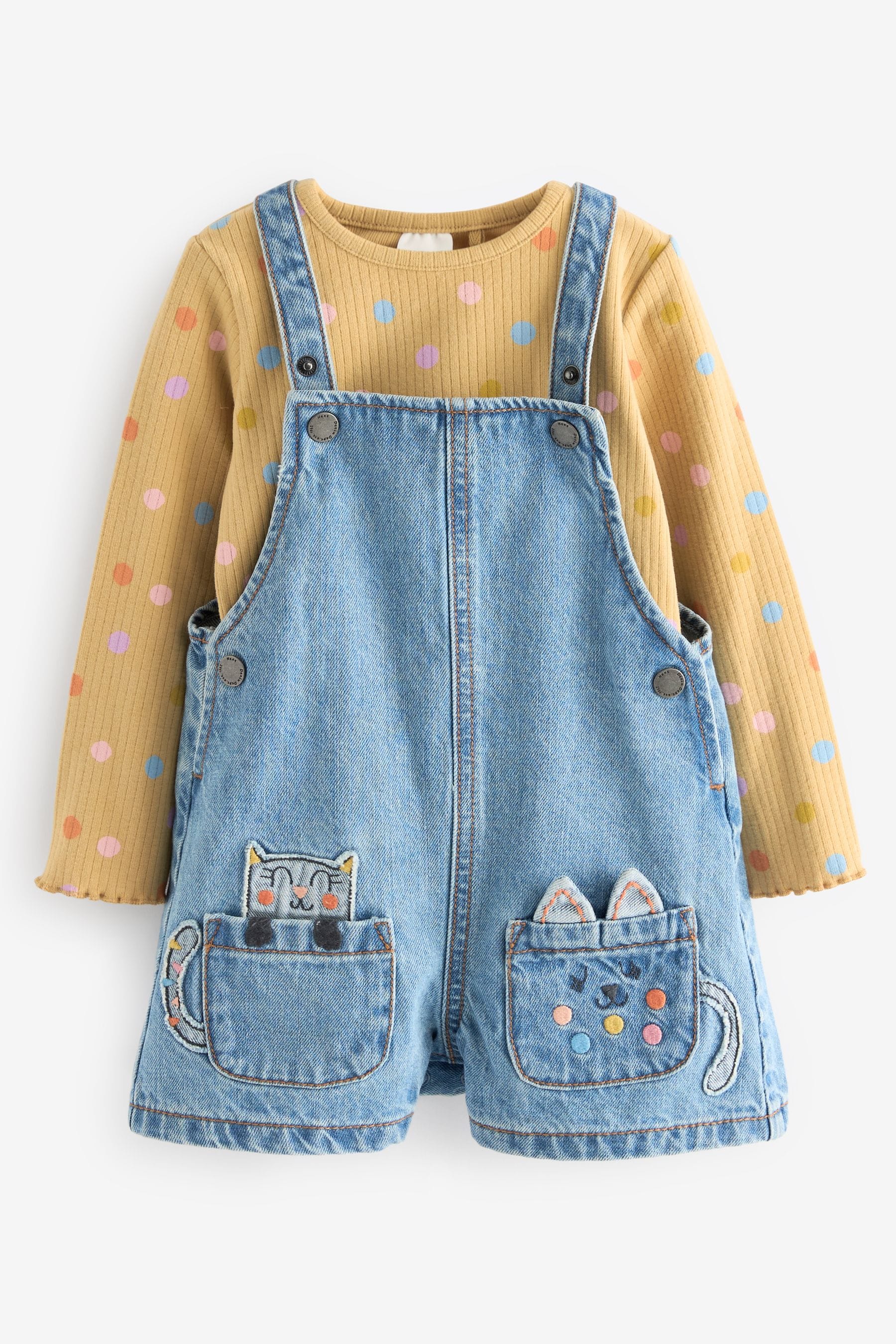 Denim Cat Embellished 100% Cotton Dungarees 3 Piece Set (3mths-7yrs)