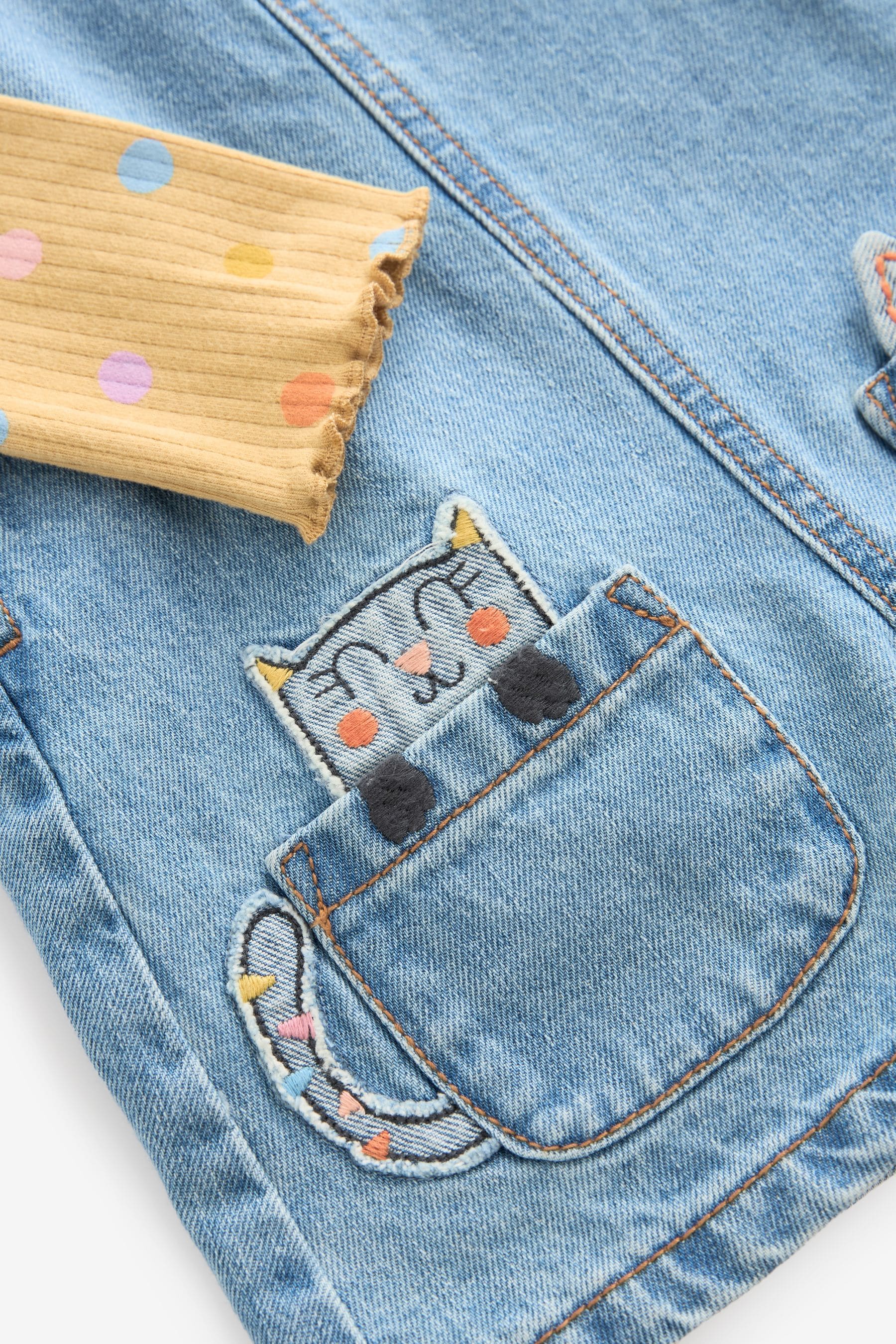 Denim Cat Embellished 100% Cotton Dungarees 3 Piece Set (3mths-7yrs)