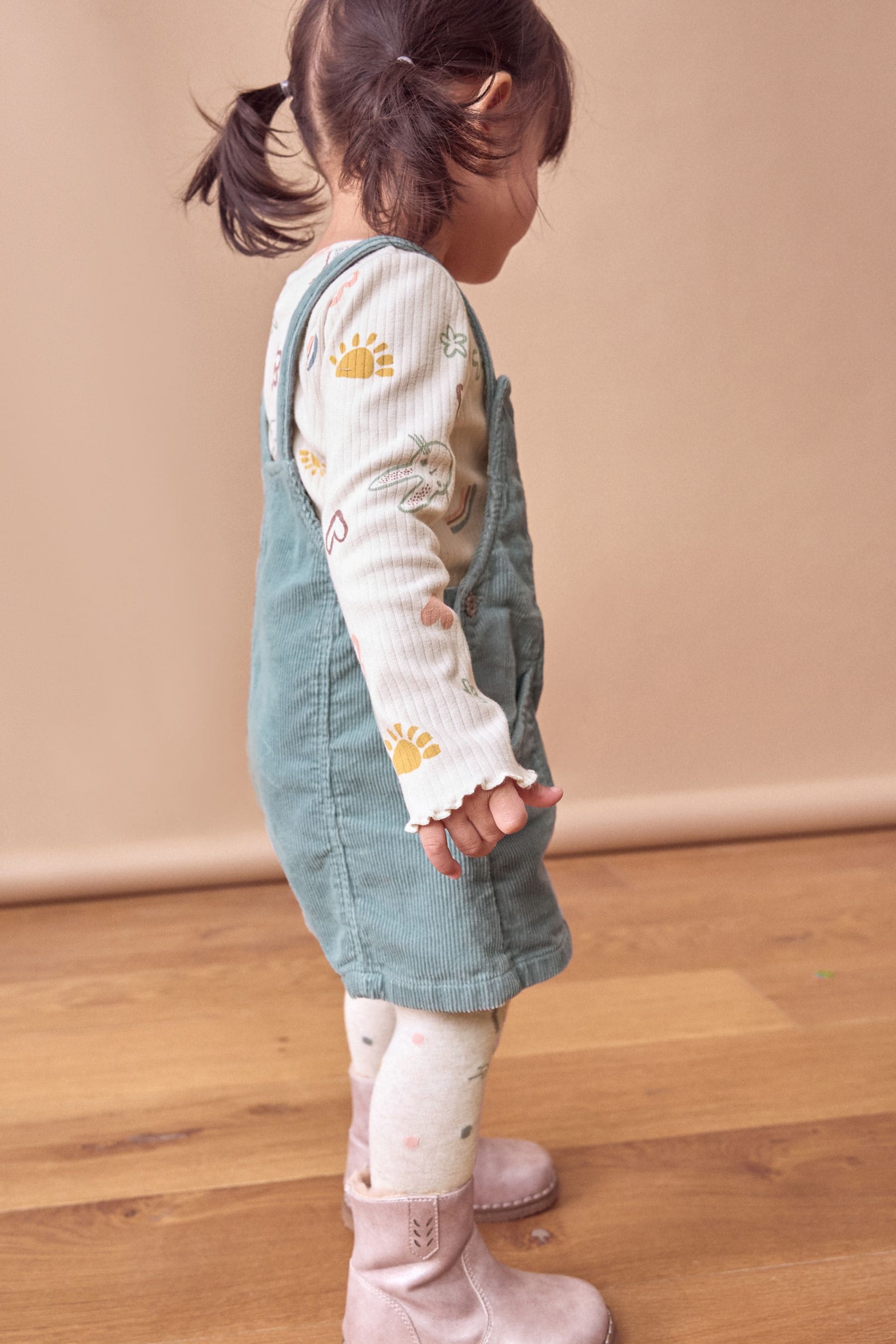 Blue 100% Cotton Corduroy Dungarees T-Shirt & Tights Set (3mths-7yrs)