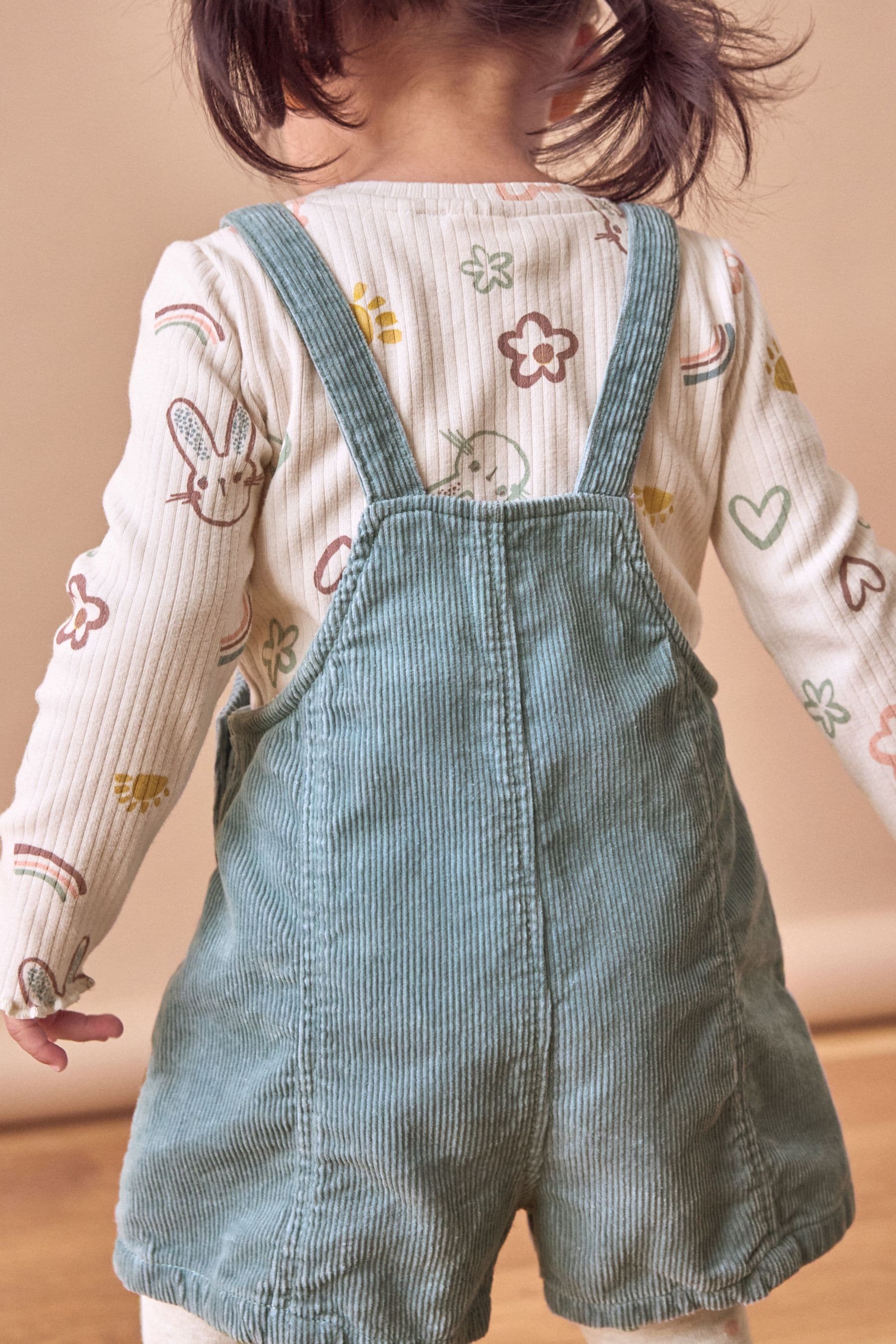 Blue 100% Cotton Corduroy Dungarees T-Shirt & Tights Set (3mths-7yrs)