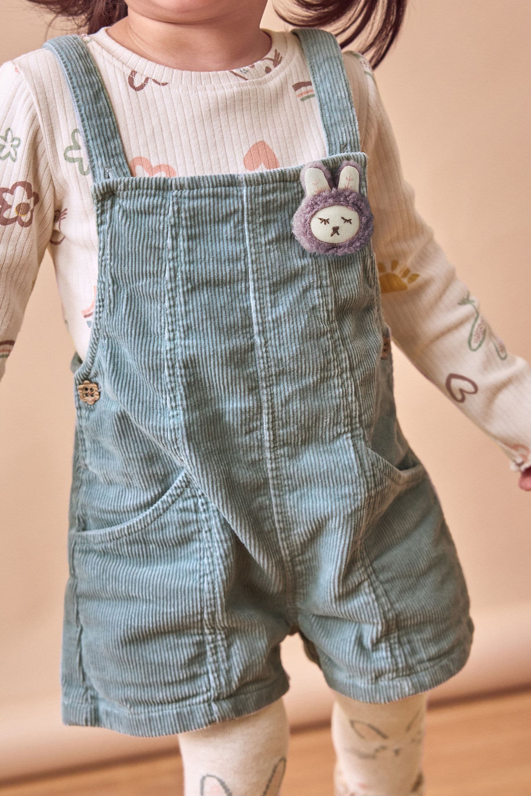 Blue 100% Cotton Corduroy Dungarees T-Shirt & Tights Set (3mths-7yrs)